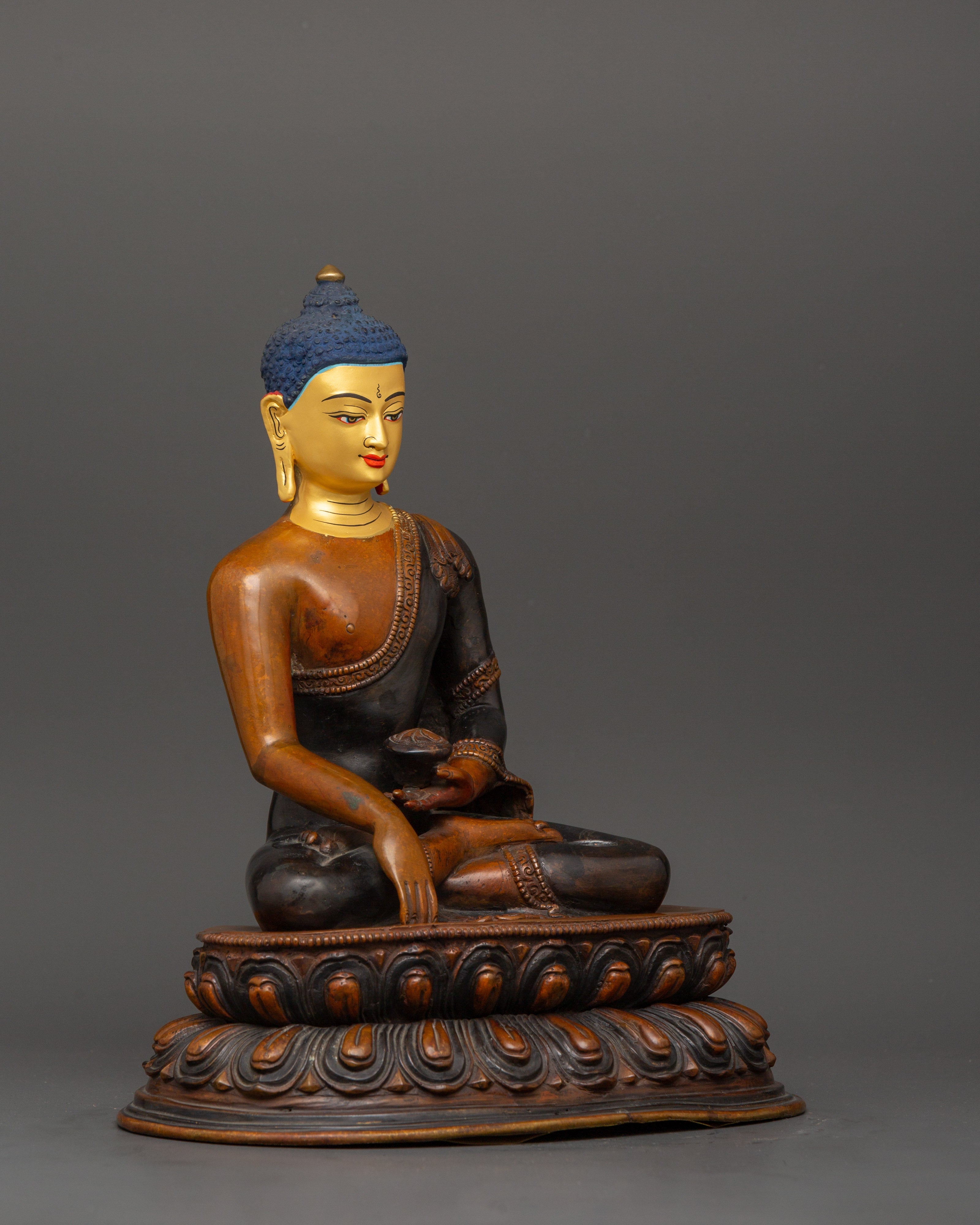 Shakyamuni Buddha Tibetan Altar Decor Statue | Oxidized Copper Body with Gold Plating