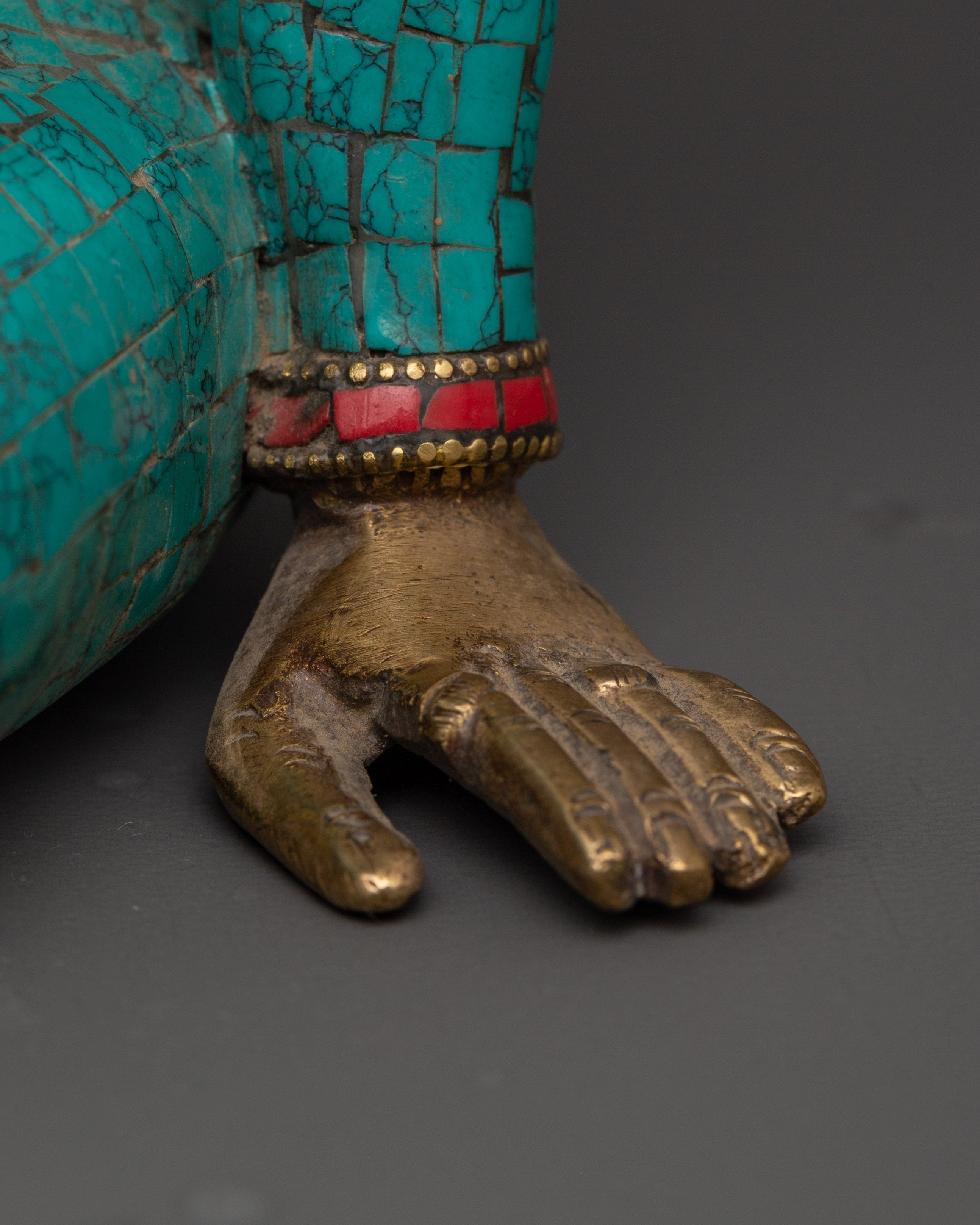 Lokeshwor Bodhisattva Statue | Brass Figurine with Turquoise & Coral Inlay