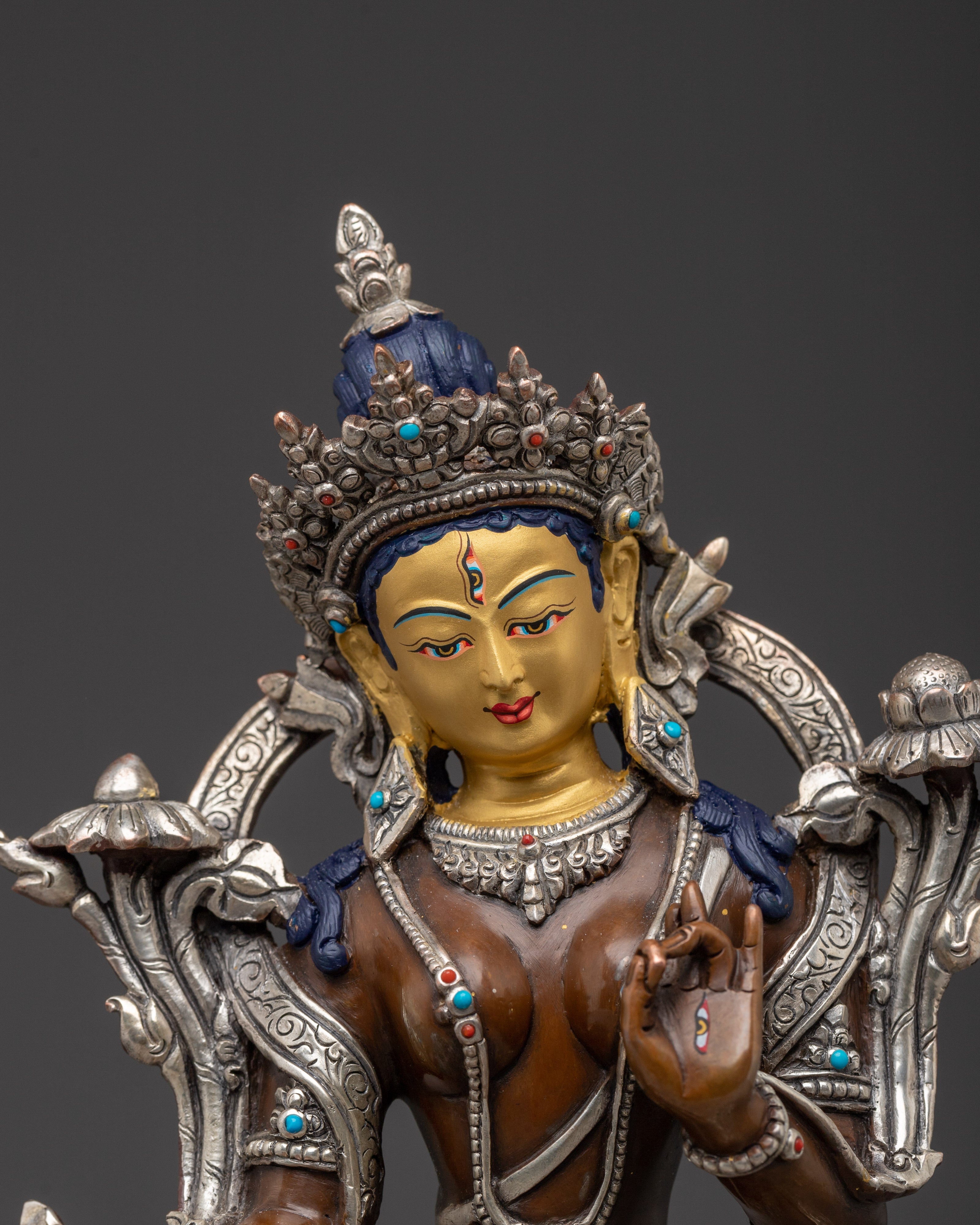 Longevity White Tara Oxidized Copper Statue | Tibetan Goddess of Compassion