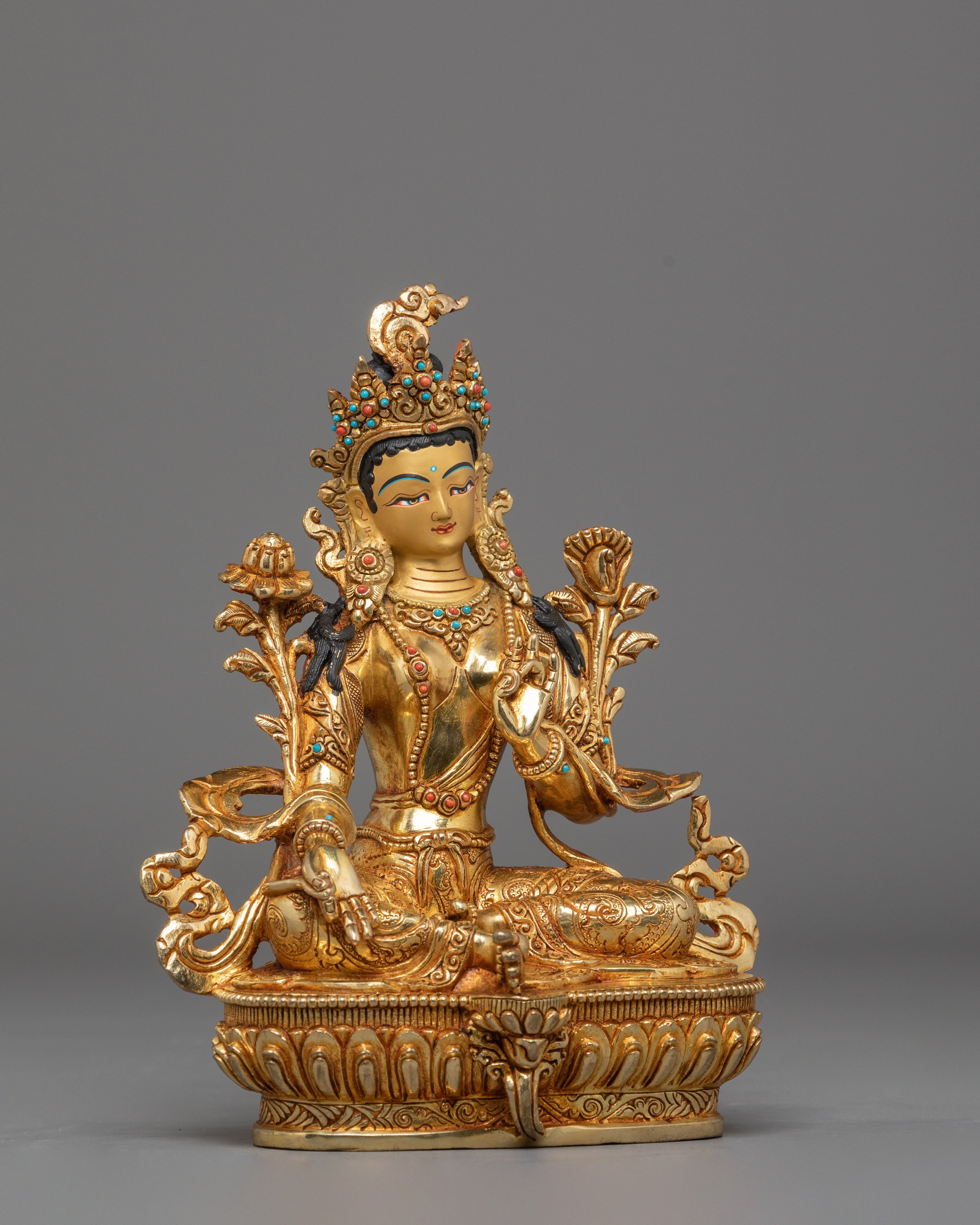 Mother Shyama Tara Sacred Statue | Gold Plated Copper Sculpture with Coral & Turquoise