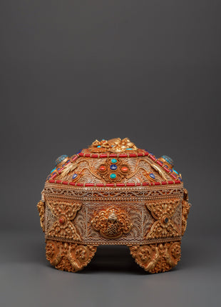 Tibetan Decorative Treasure Box | Buddhist Treasure Box with Turquoise & Coral Inlays