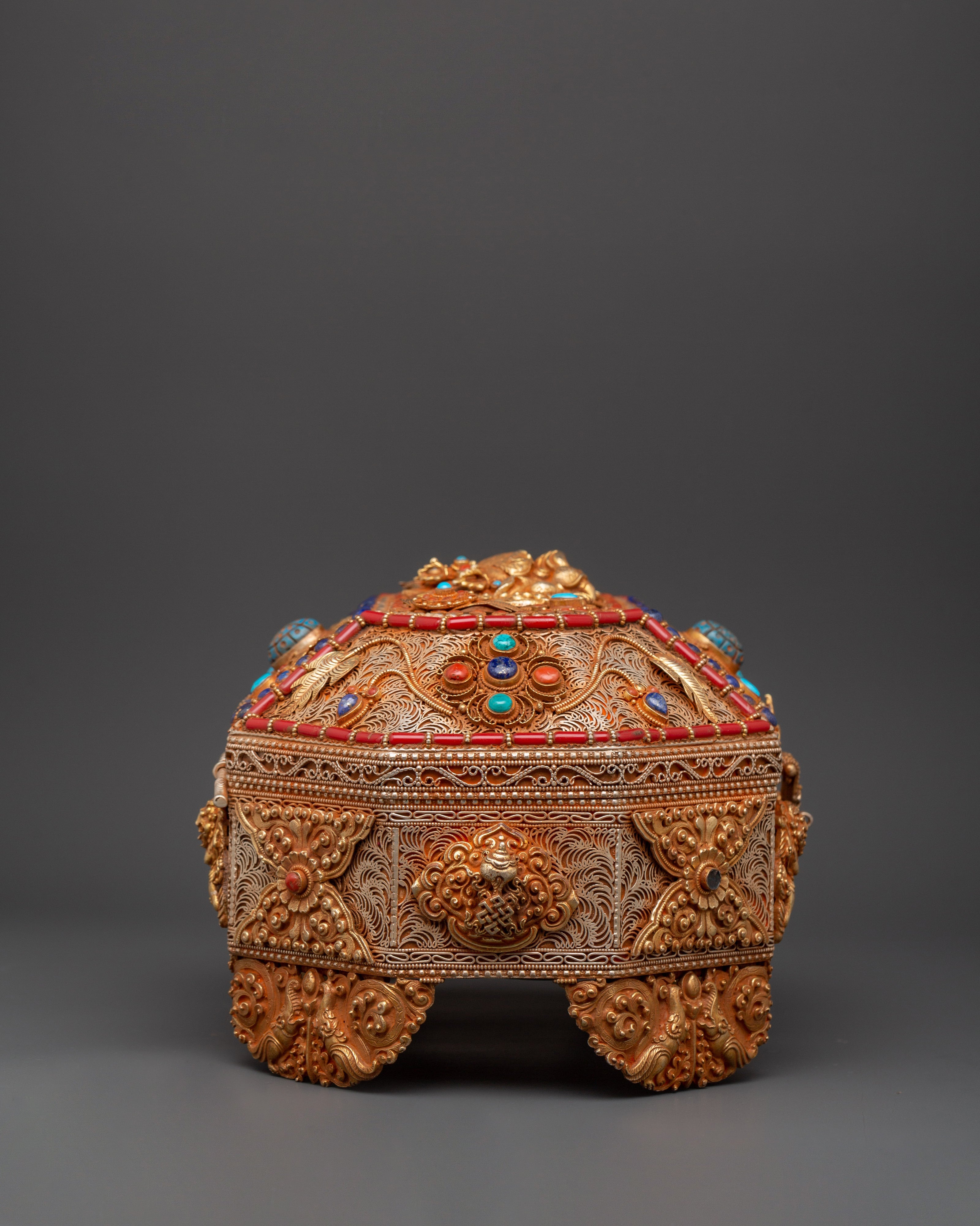 Tibetan Decorative Treasure Box | Buddhist Treasure Box with Turquoise & Coral Inlays