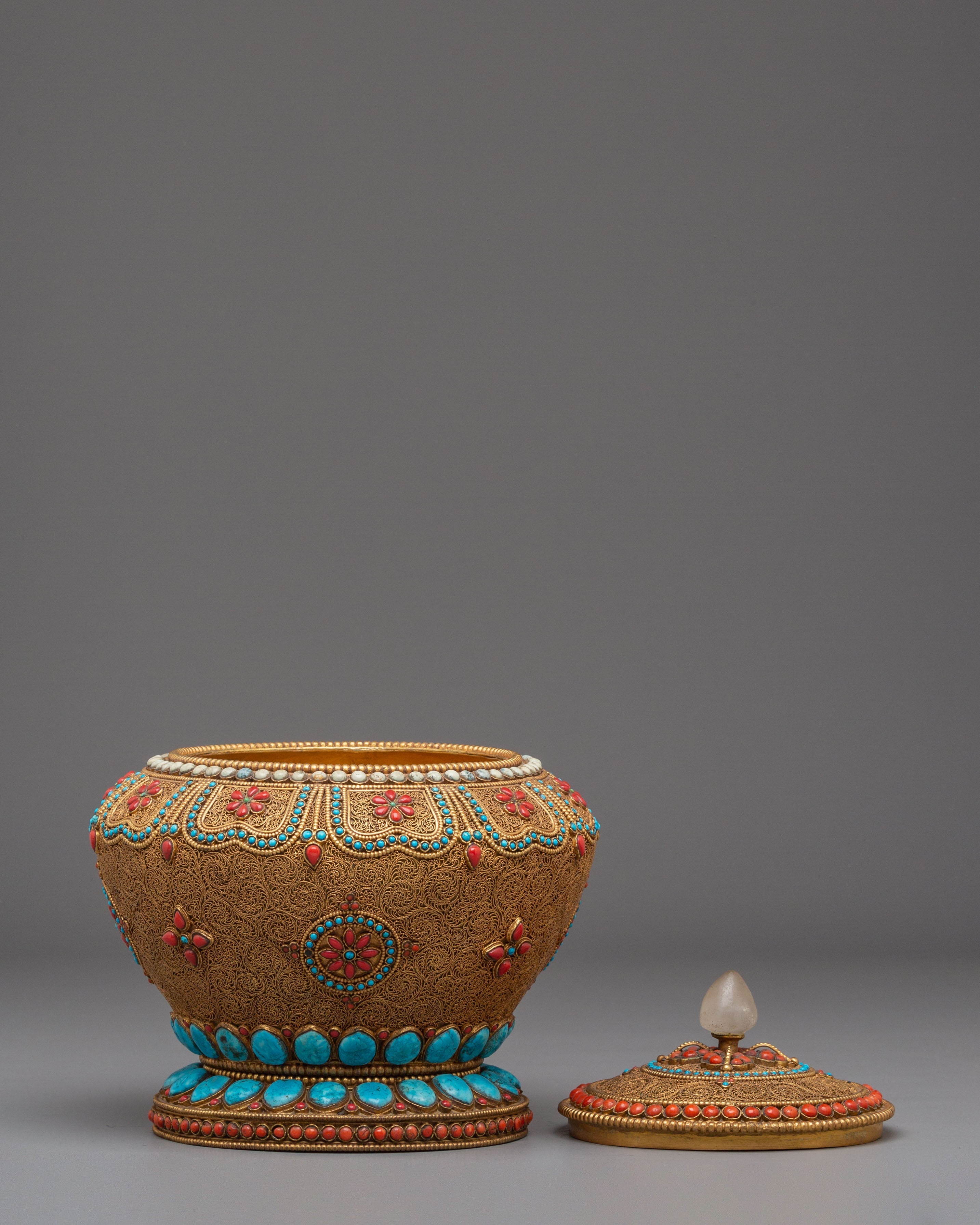 Tibetan Offering Rice Pot | Gold-Plated Copper Pot with Coral & Turquoise