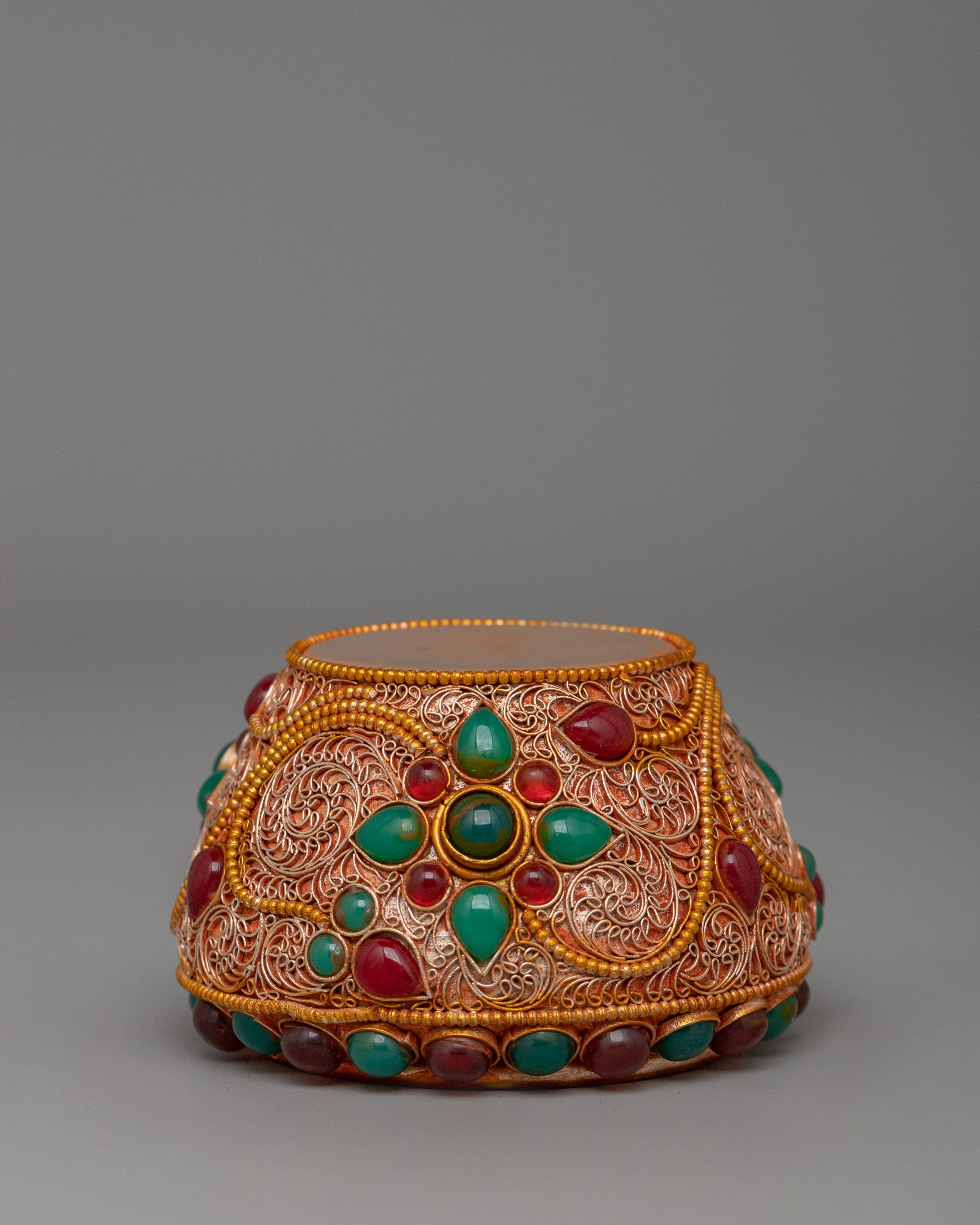 Gold-plated copper Golpa with coral | Tibetan Altar Offering Vessel