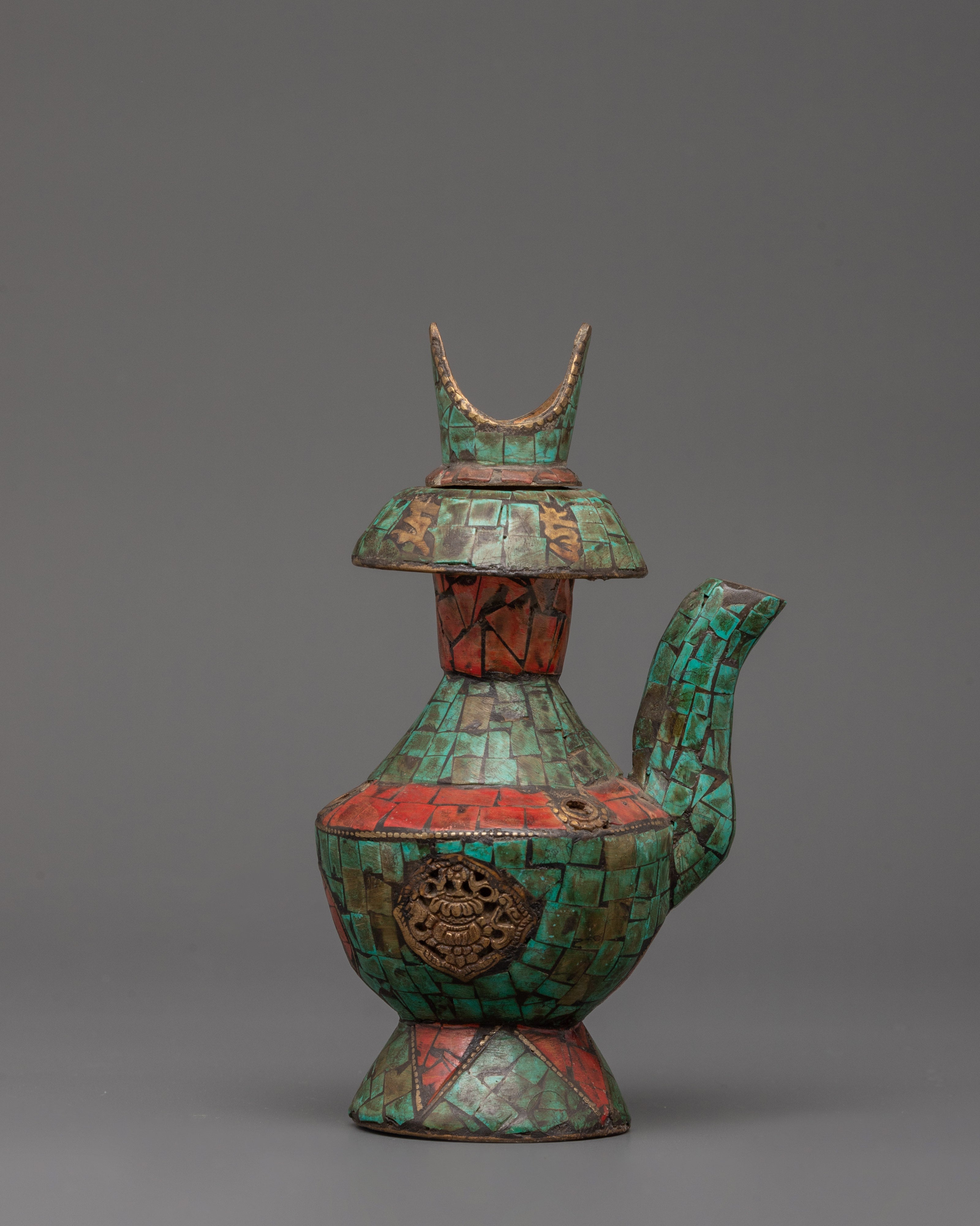 Tibetan Bhumba Set with Turquoise & Coral Inlay | Copper Ritual Water Vases
