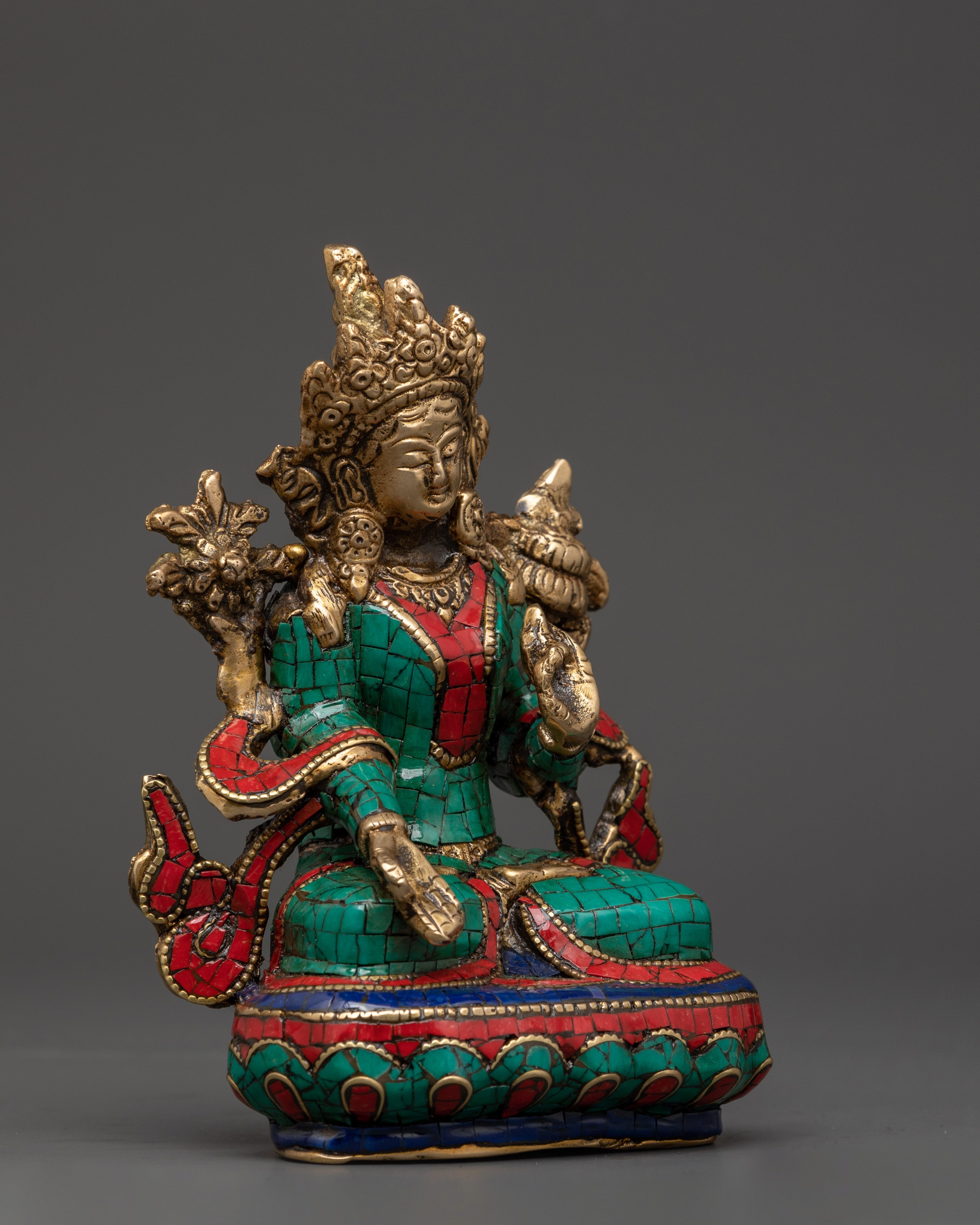 White Tara Handcrafted Brass Statue | Tibetan Art with Turquoise