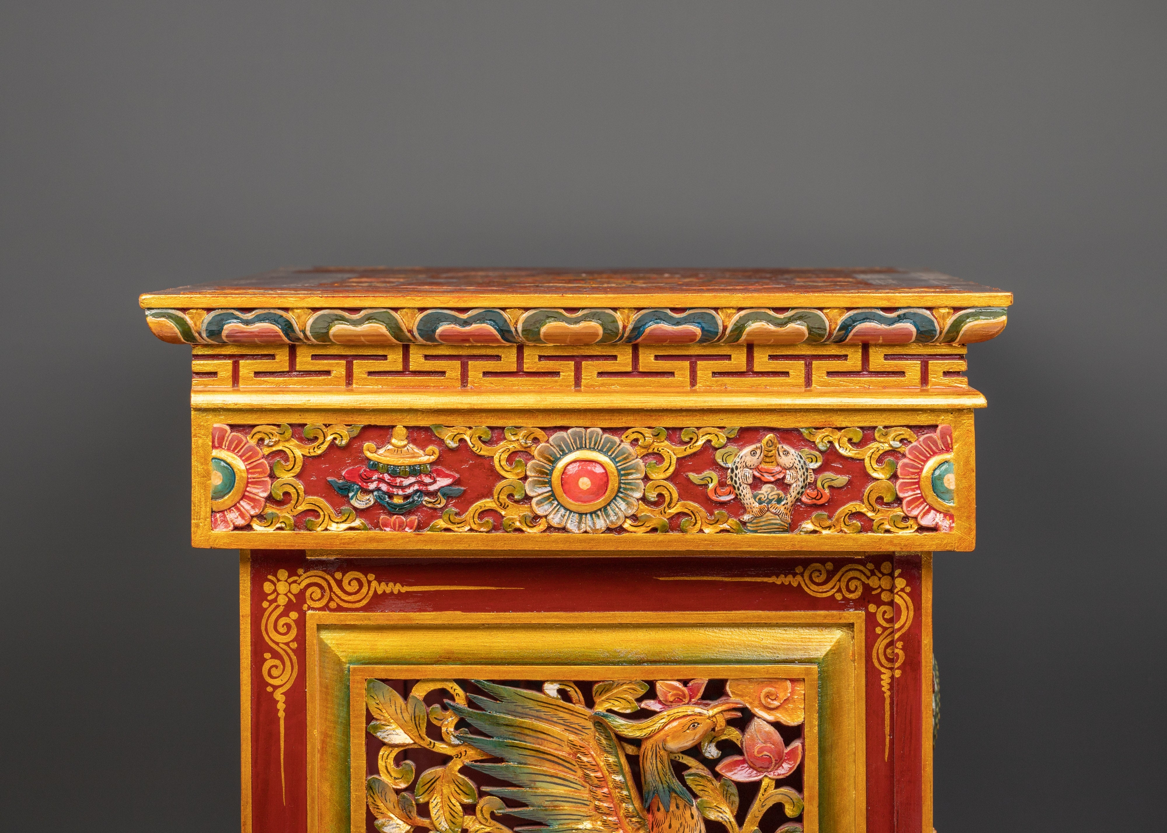 Folding Table with Dragon Carving and Offering | Tibetan Decor