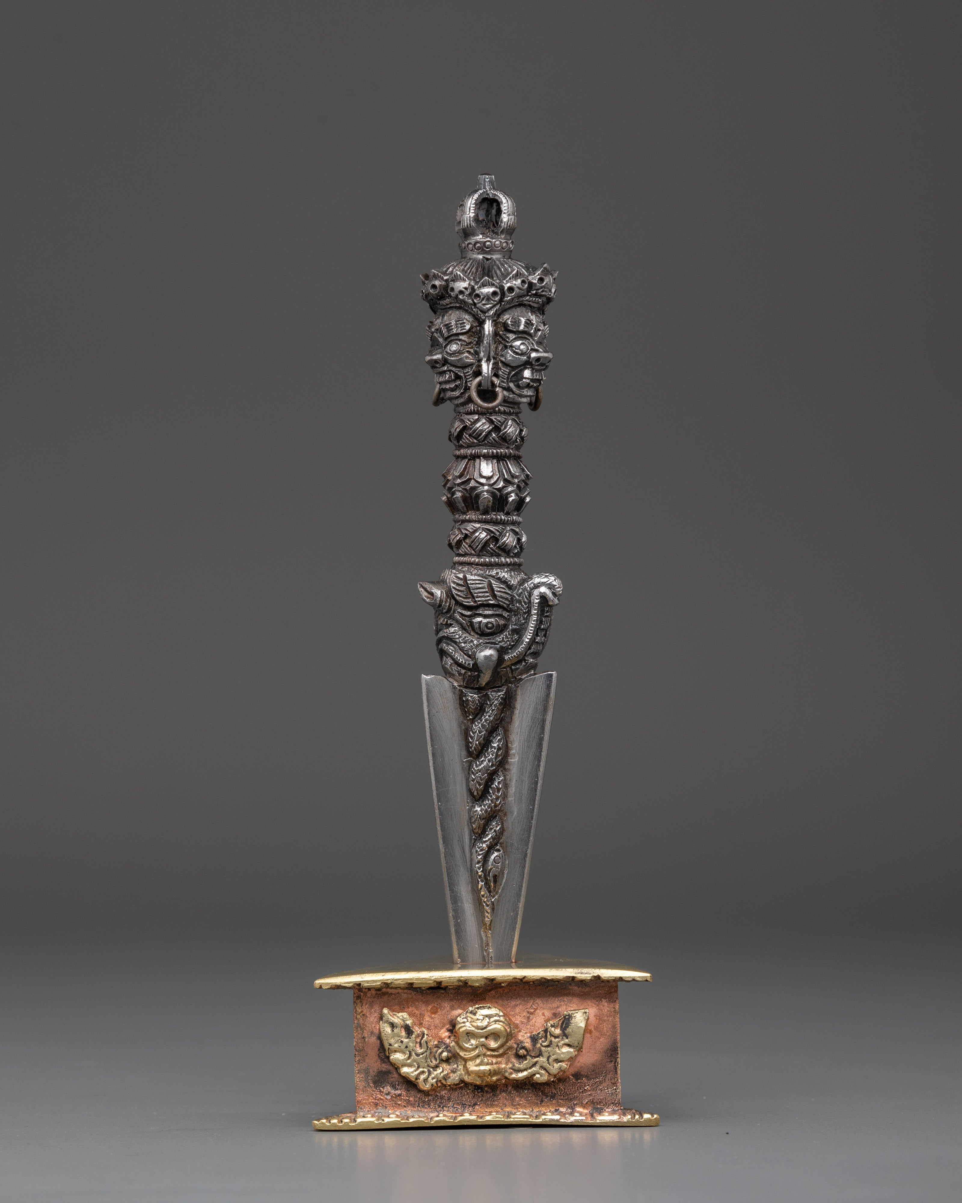 Handmade Tibetan Phurba Dagger | Ritual Dagger with Vajra Top & Makara Faces