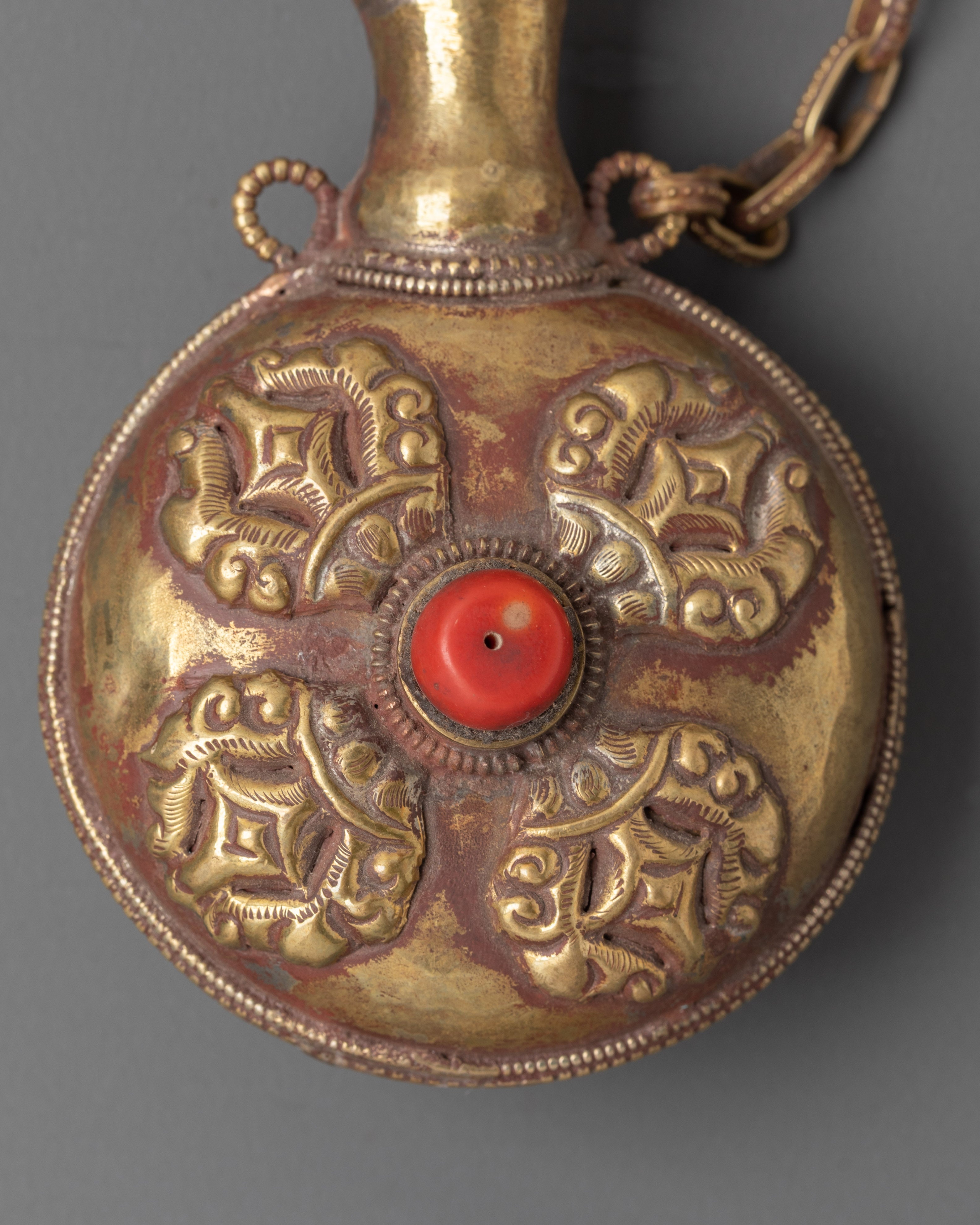 Himalayan Ritual Snuff Container | Brass Copper Snuff Bottle with Coral Inlay