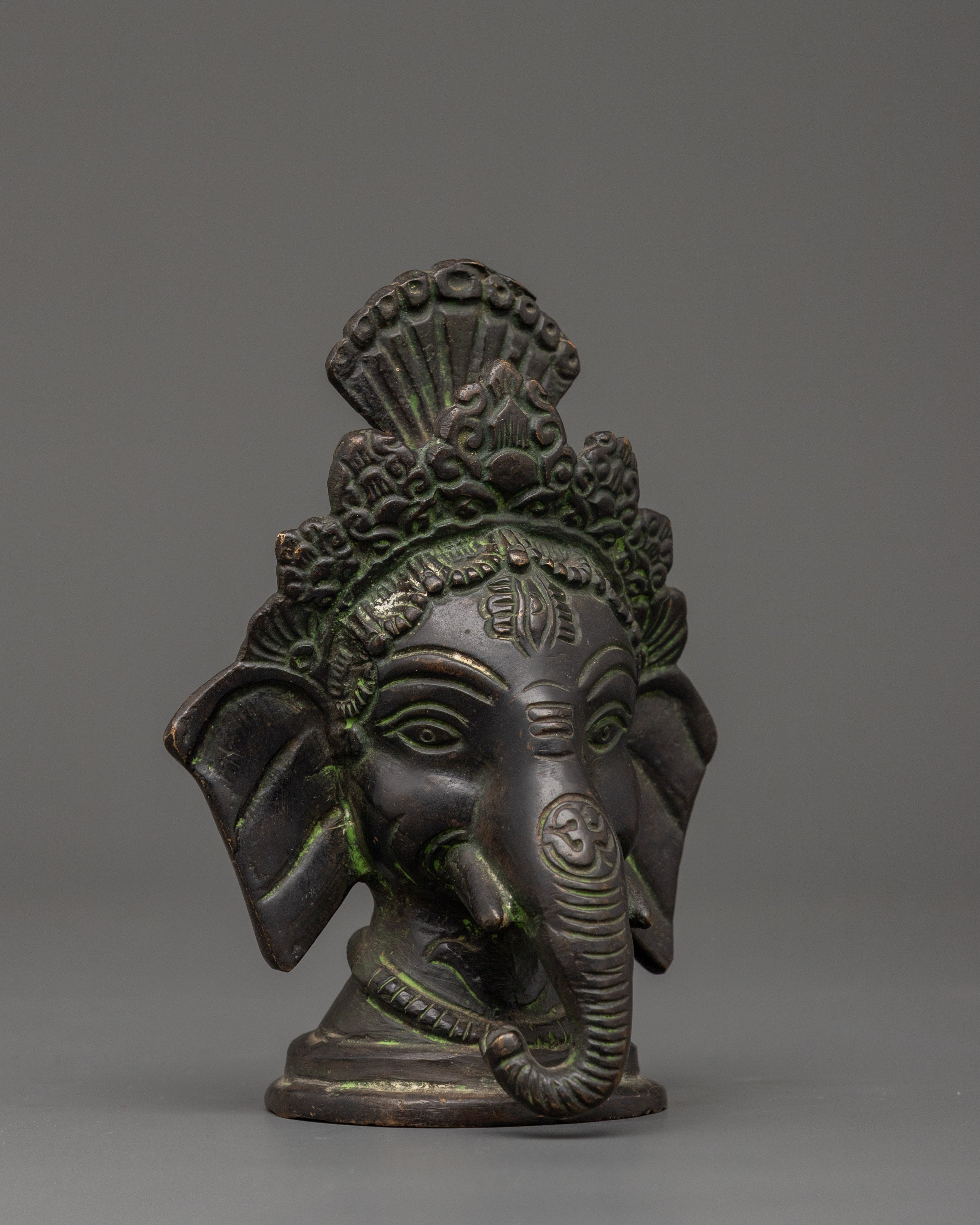 Brass Ganesh Head Statue with Antique Finish | Hindu Elephant God Ganesha