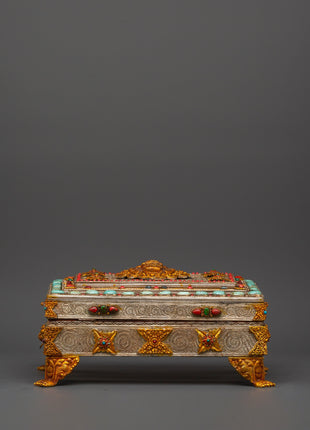 Buddhist Ritual Treasure Box | Silver & Gold Plated Sacred Altar Box