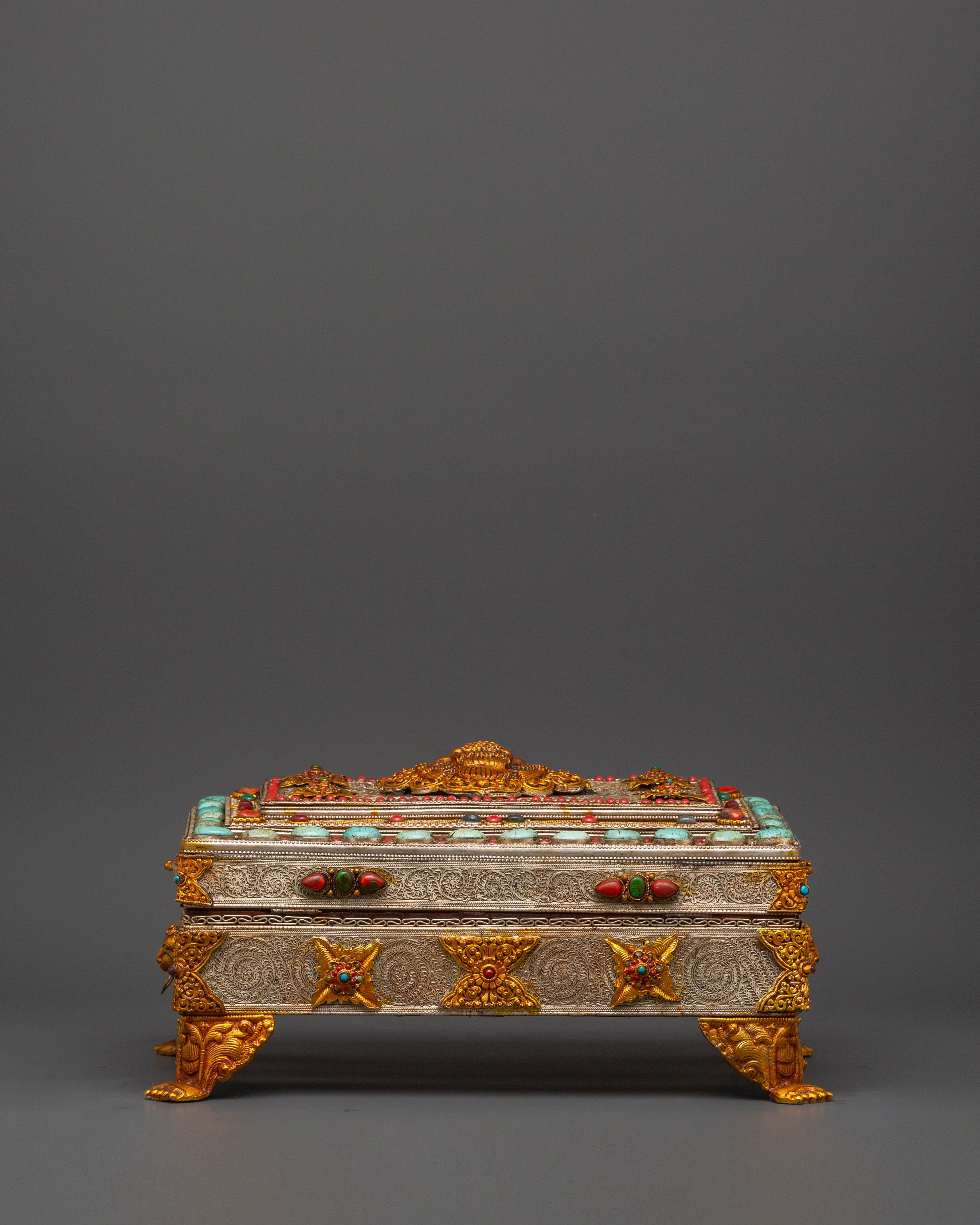Buddhist Ritual Treasure Box | Silver & Gold Plated Sacred Altar Box