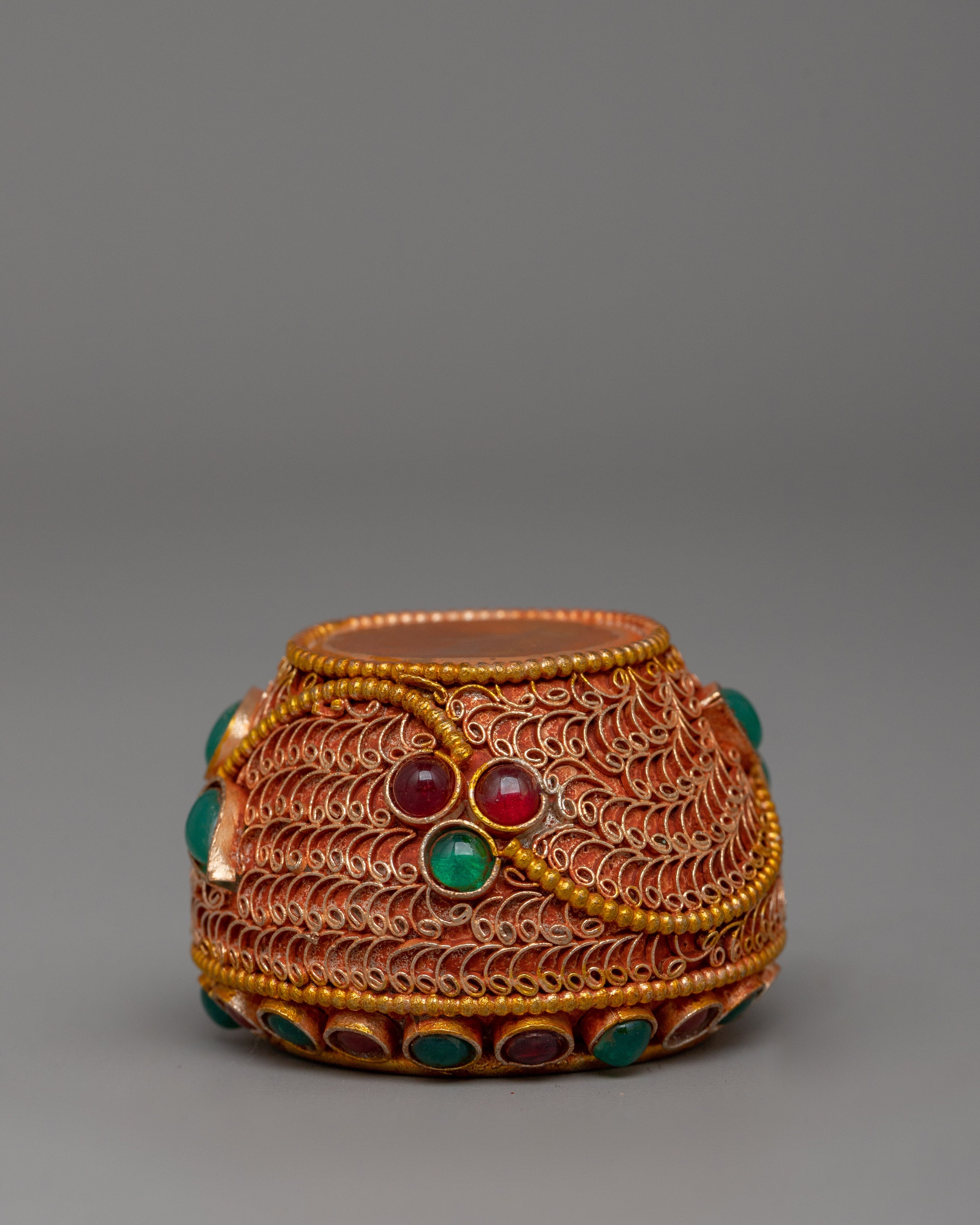 Copper Gold Plated with Turquoise & Coral Golpa Bowl | Tibetan Golpa Ritual Offering Bowl