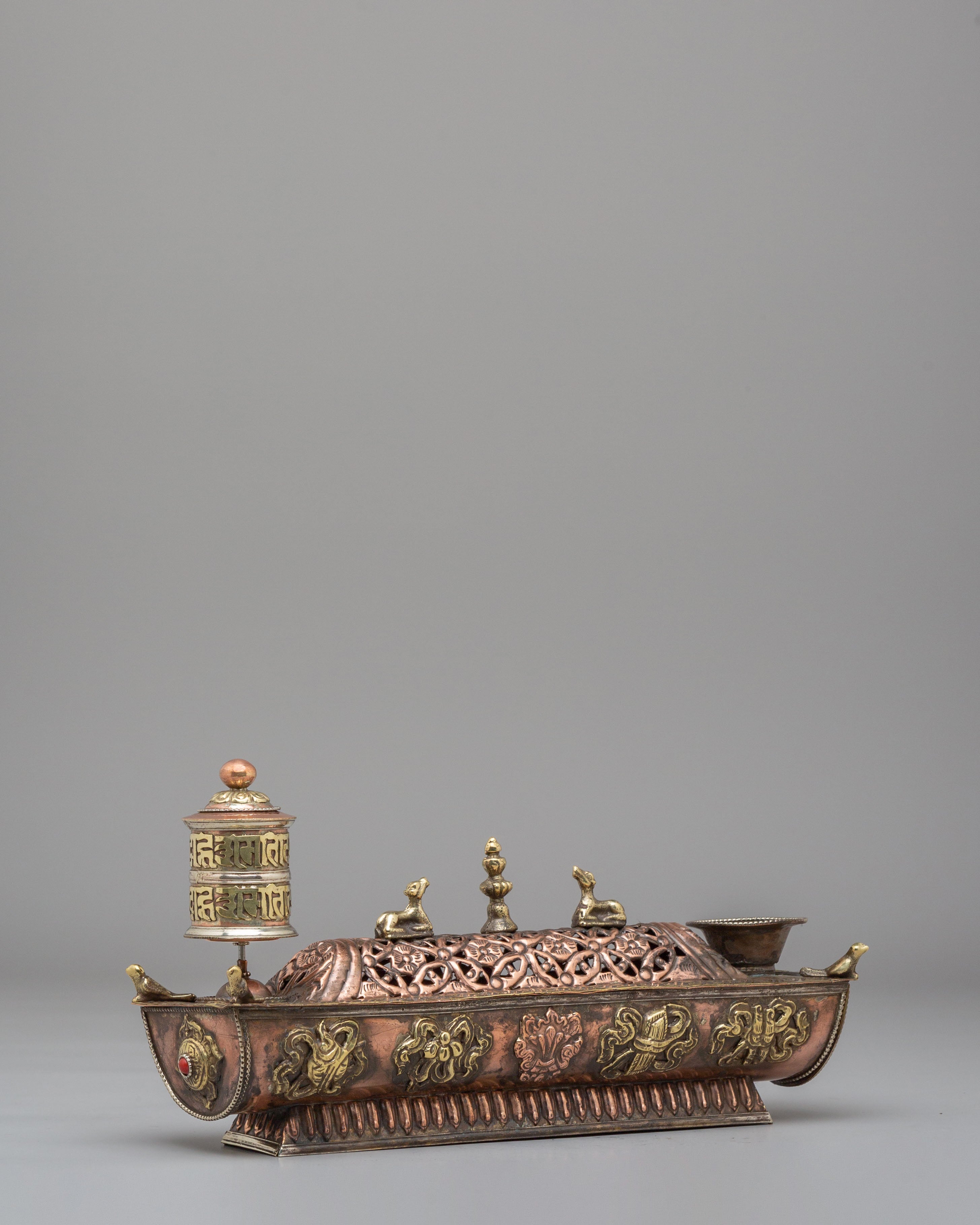 Ritual Incense Burner | Handcrafted Brass Tibetan Incense Box with Dharma Wheel