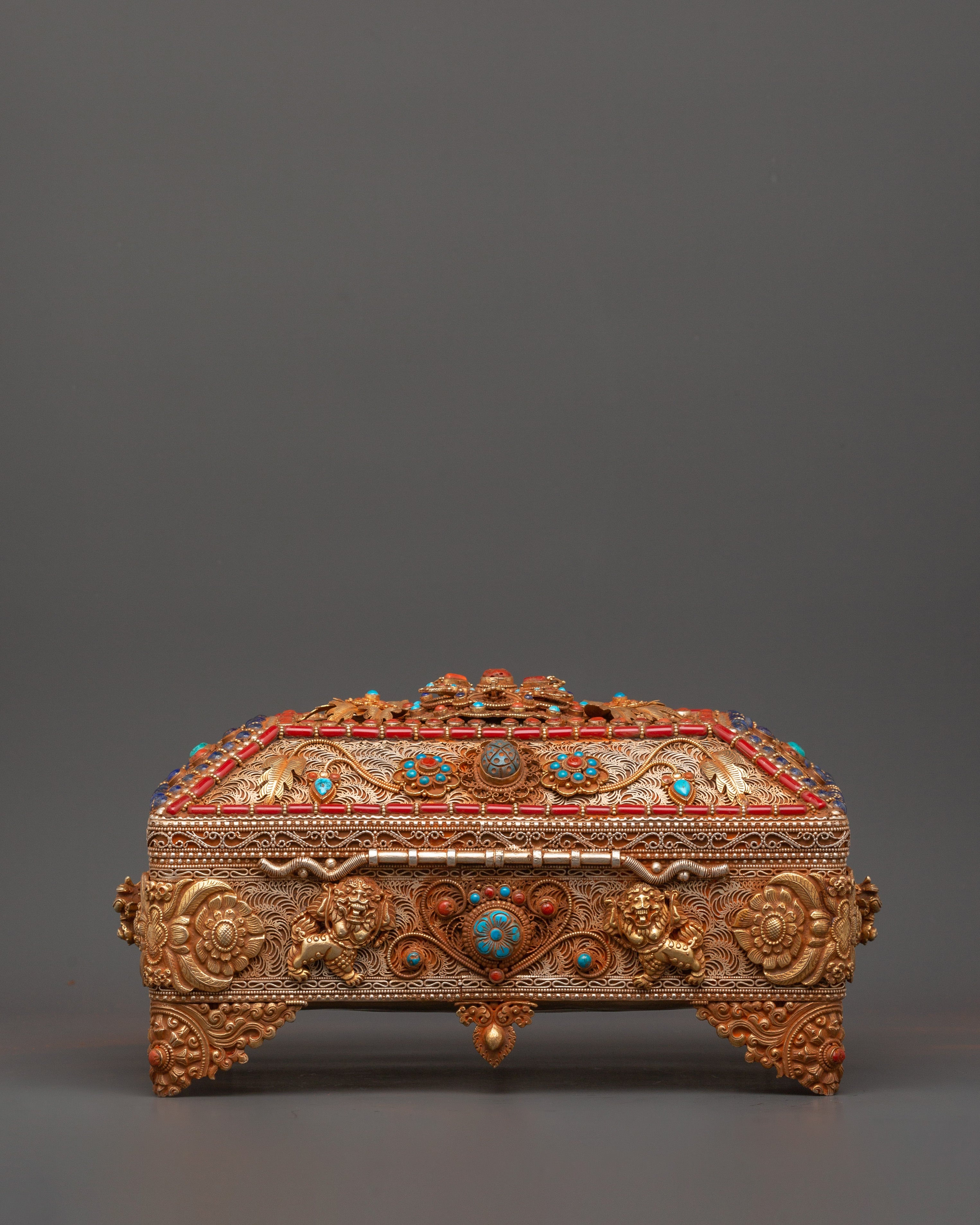 Tibetan Treasure Box with Turquoise and Coral | Buddhist Decor