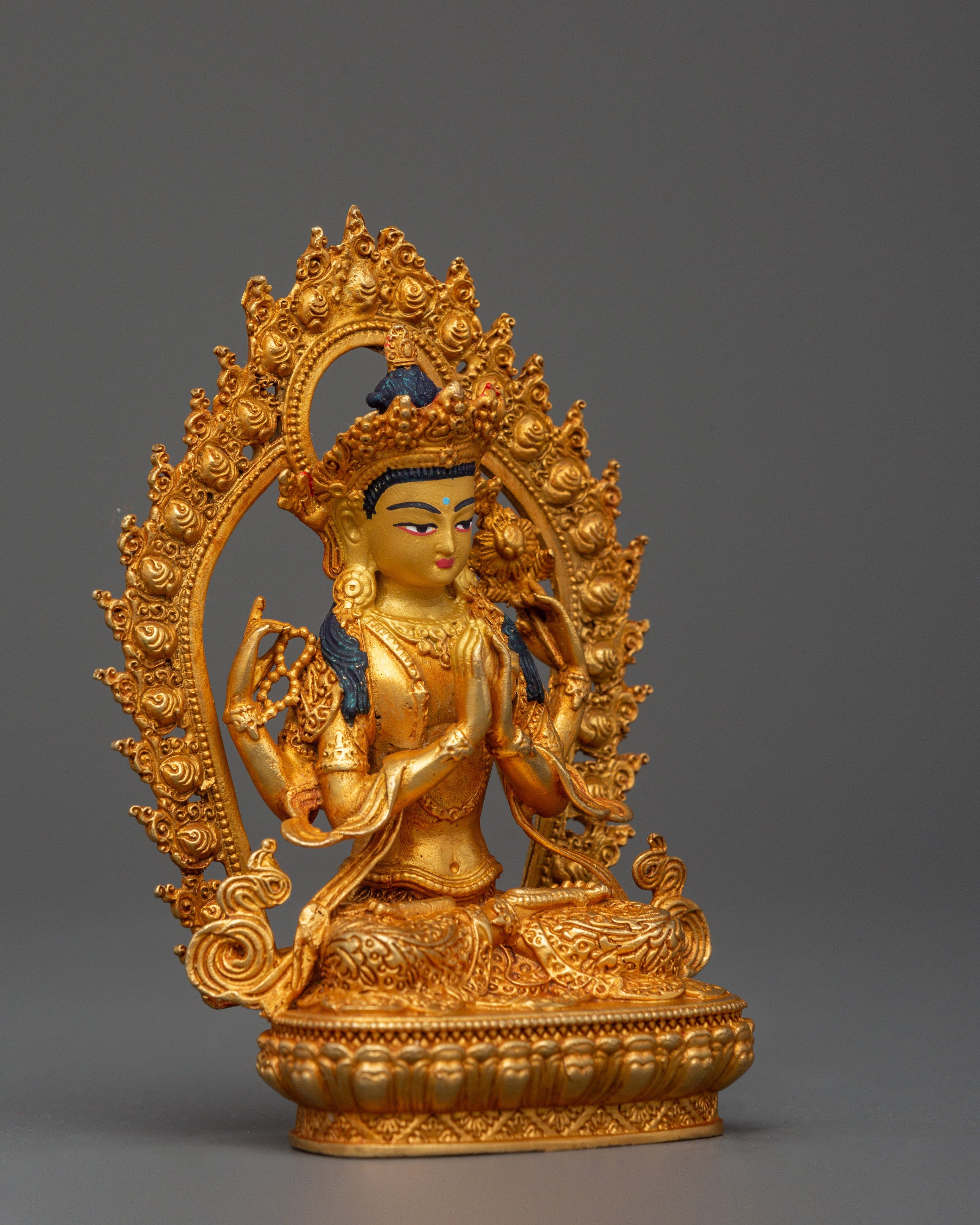 Gold Plated Chenrezig Statue in copper | Tibetan Bodhisattva of Compassion