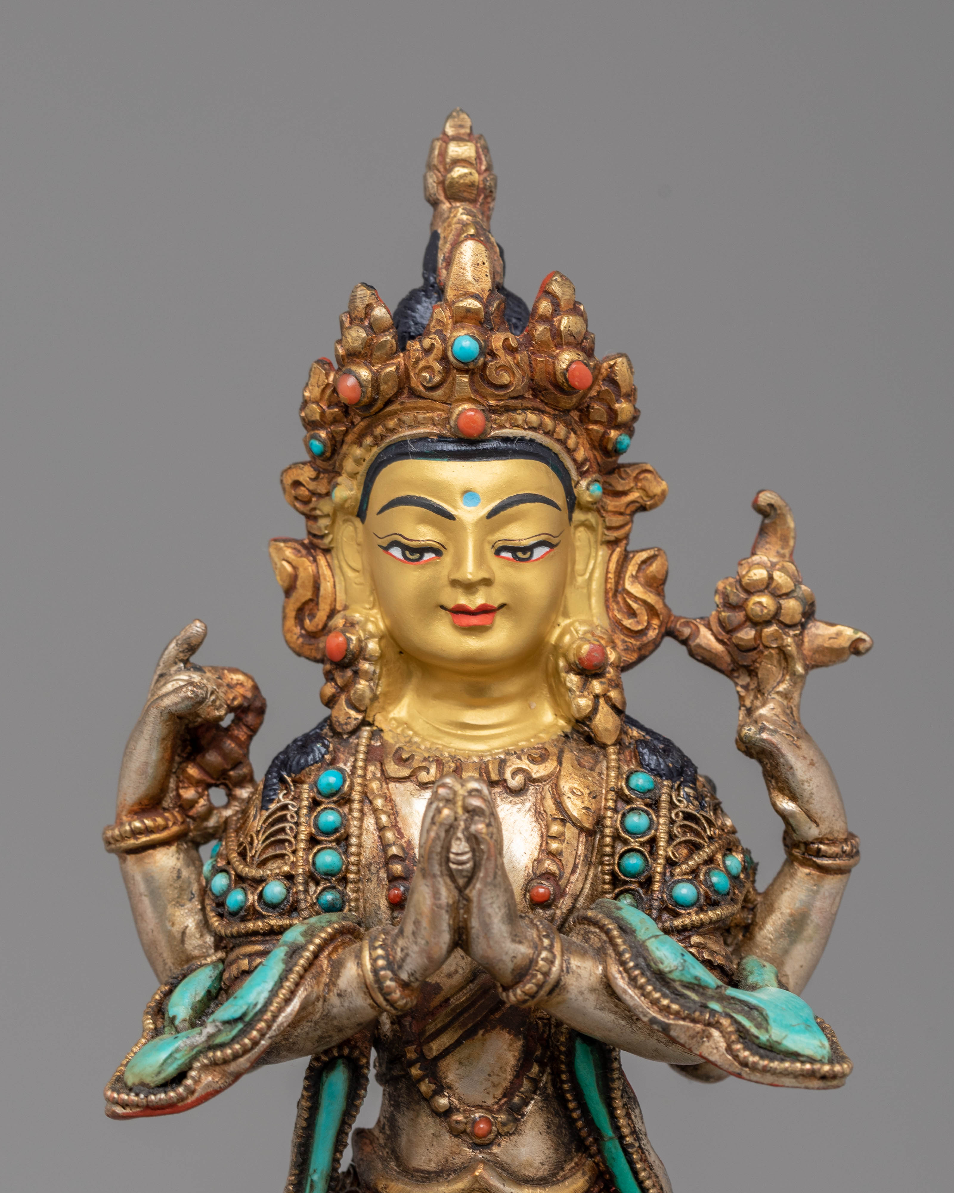 Divine Bodhisattva Standing Chenrezig Statue | Copper & Silver Plated Art
