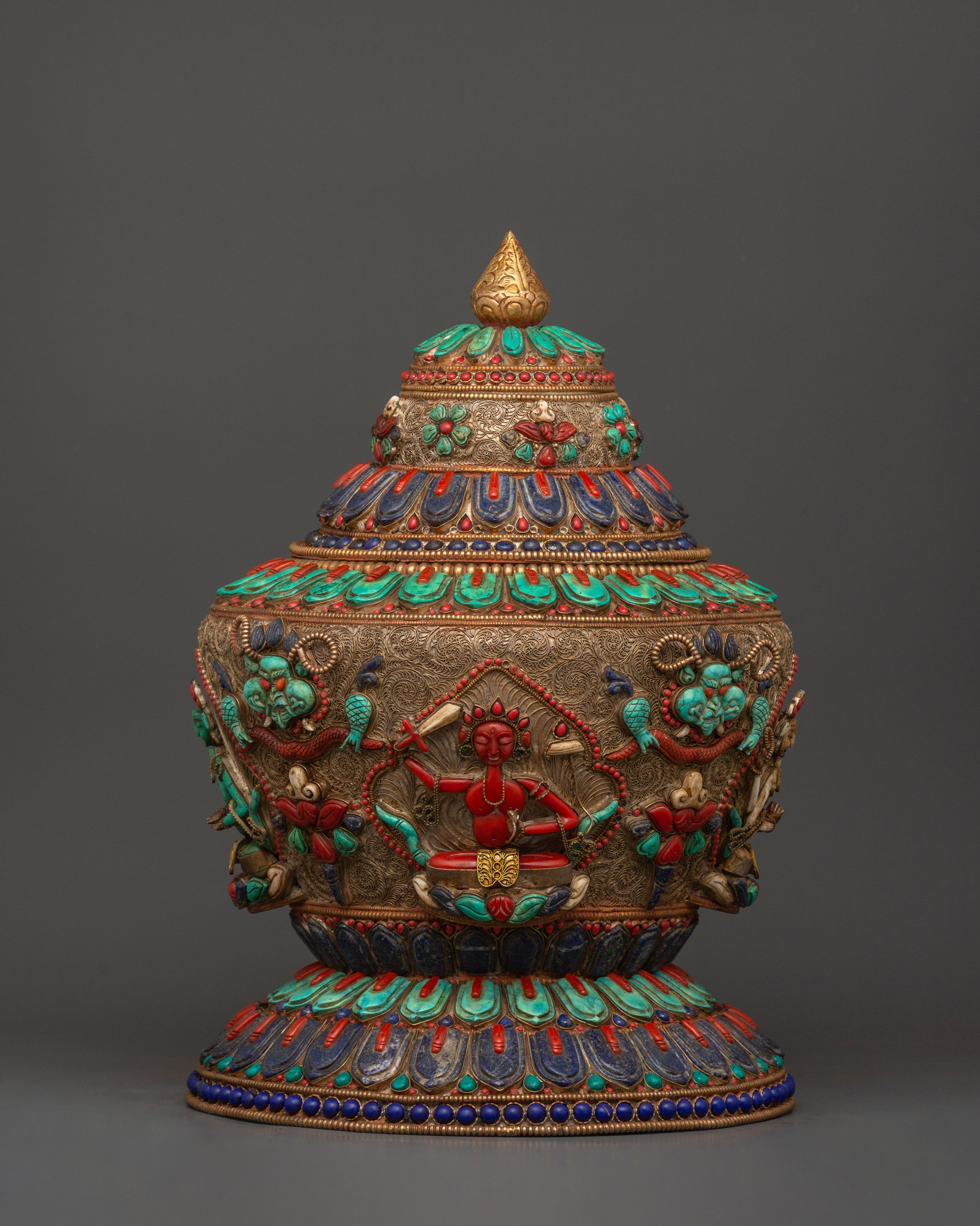 Tibetan Ritual Rice Pot with Coral | Buddhist Ritual and Altar Use