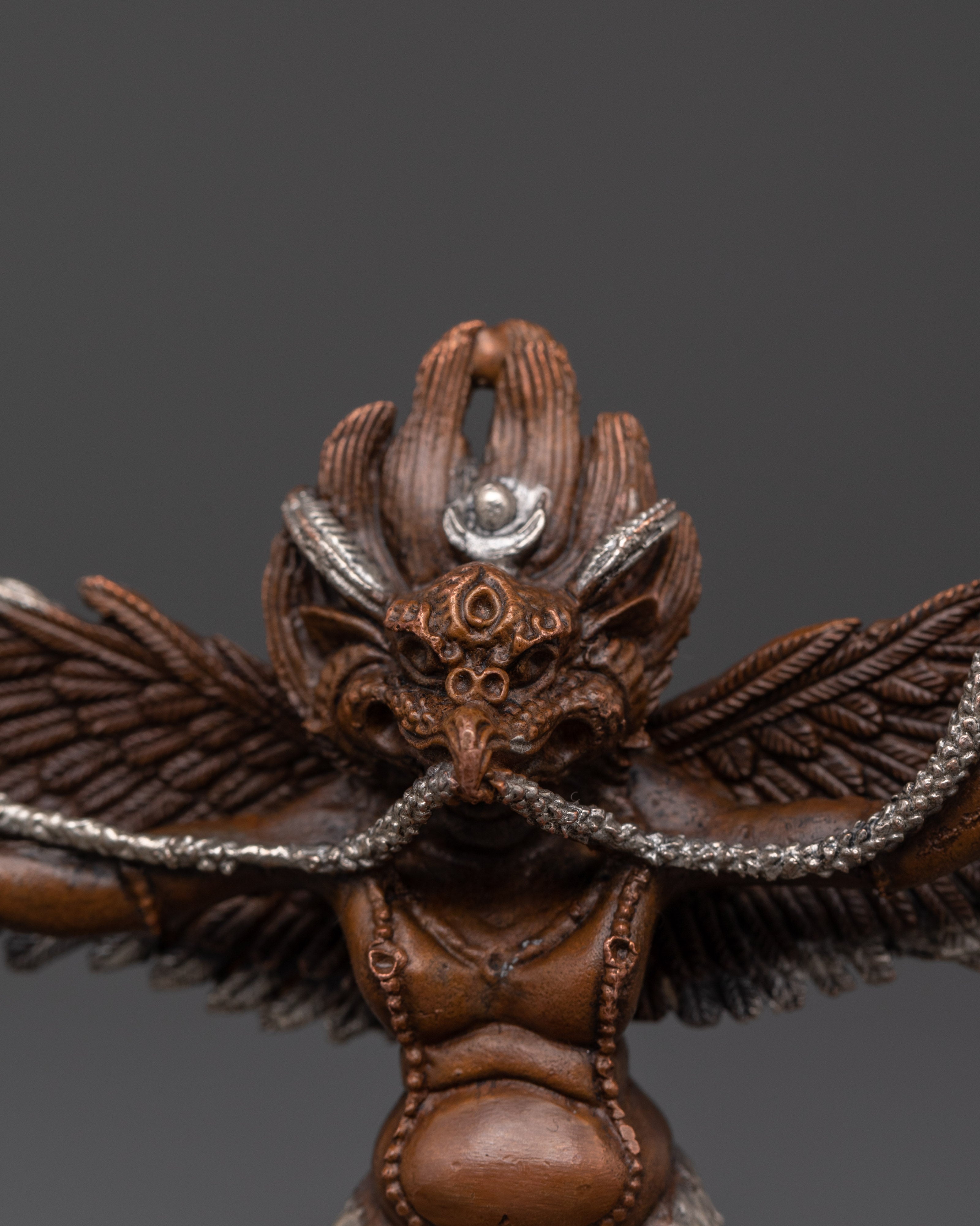 Handcrafted Tibetan Garuda Statue | Copper Oxidized Silver Plated Protector Deity Sculpture for Spiritual Décor