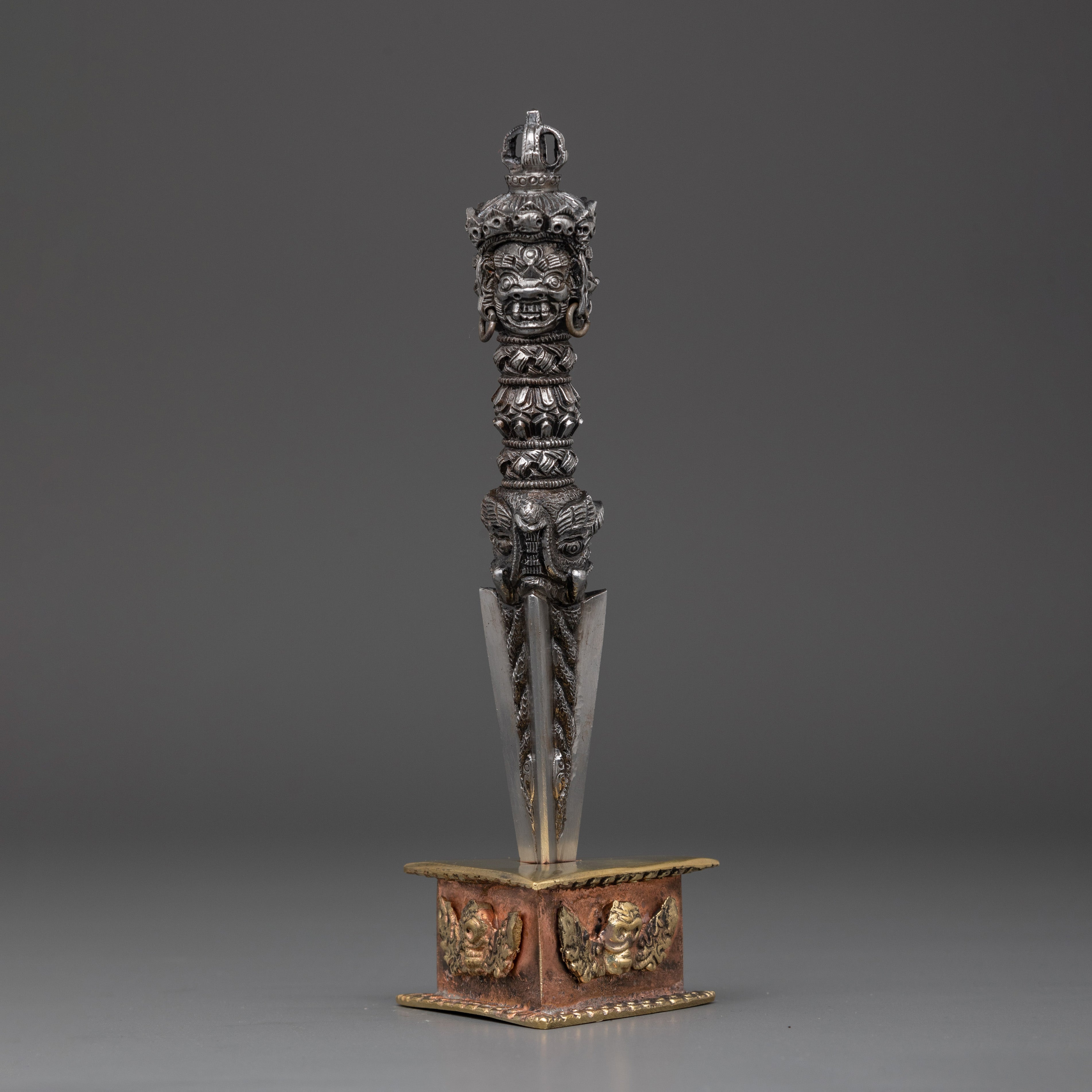 Handmade Tibetan Phurba Dagger | Ritual Dagger with Vajra Top & Makara Faces