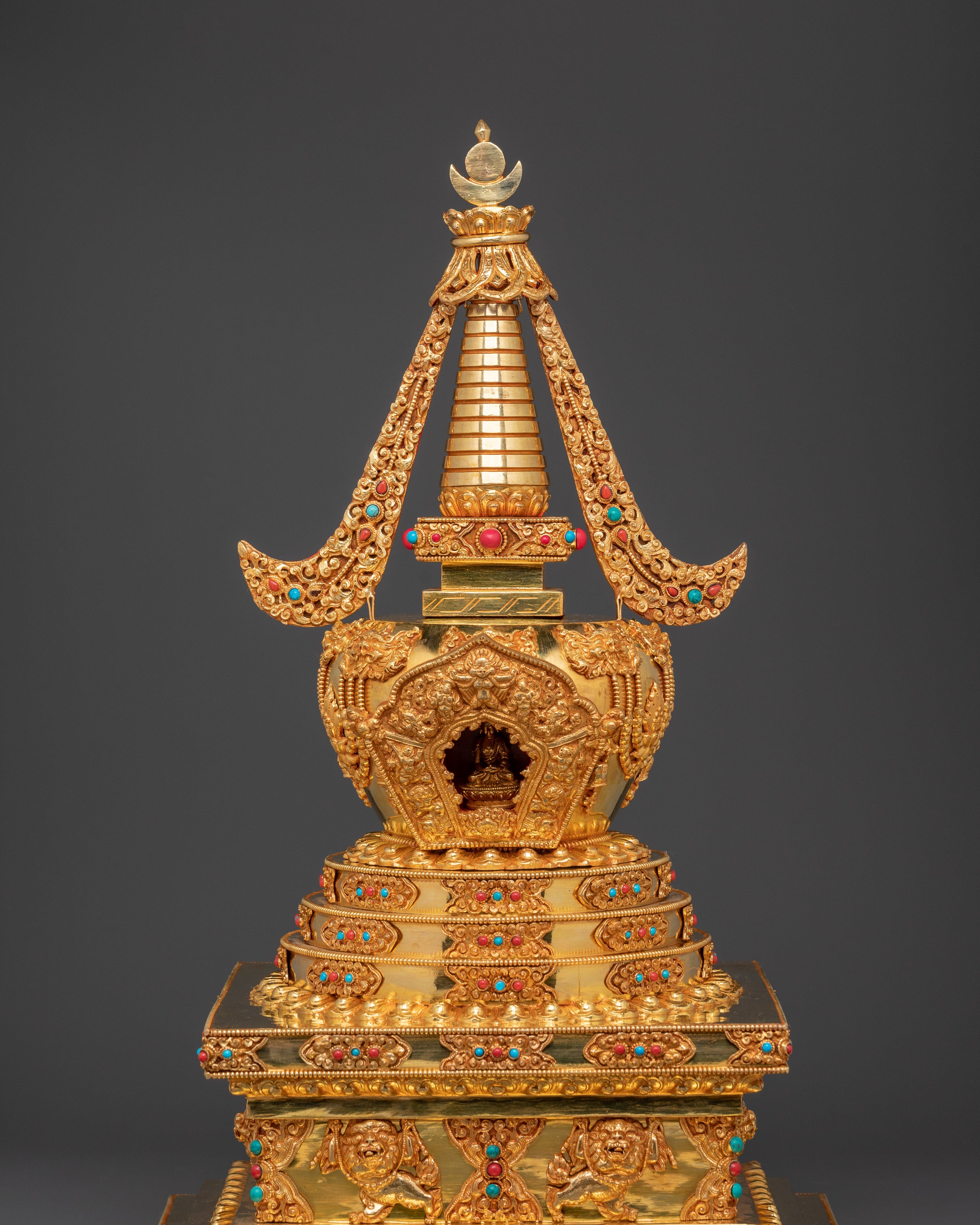 Gold-Plated Copper Buddhist Stupa for Tibetan Altar