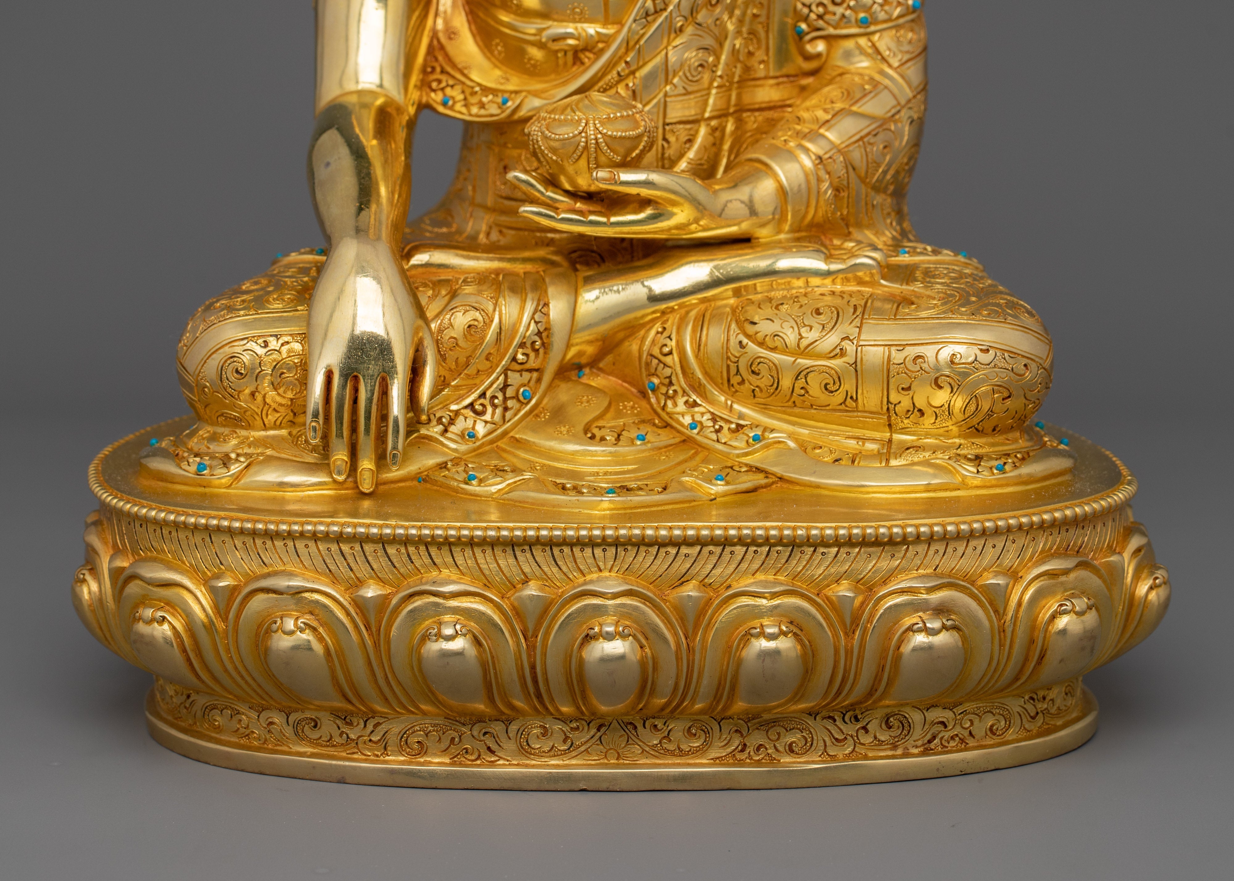 Hand Carved Buddhist Shakyamuni Buddha Figurine | 24K Gold Gilded Statue