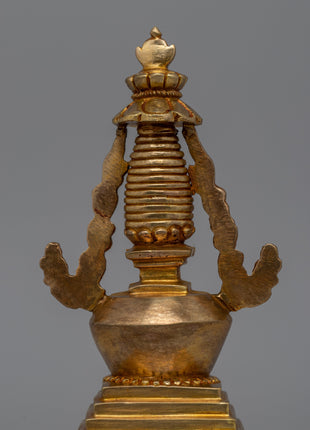 Religious Décor Gold-Plated Stupa | Sacred Altar Piece with Floral Patterns