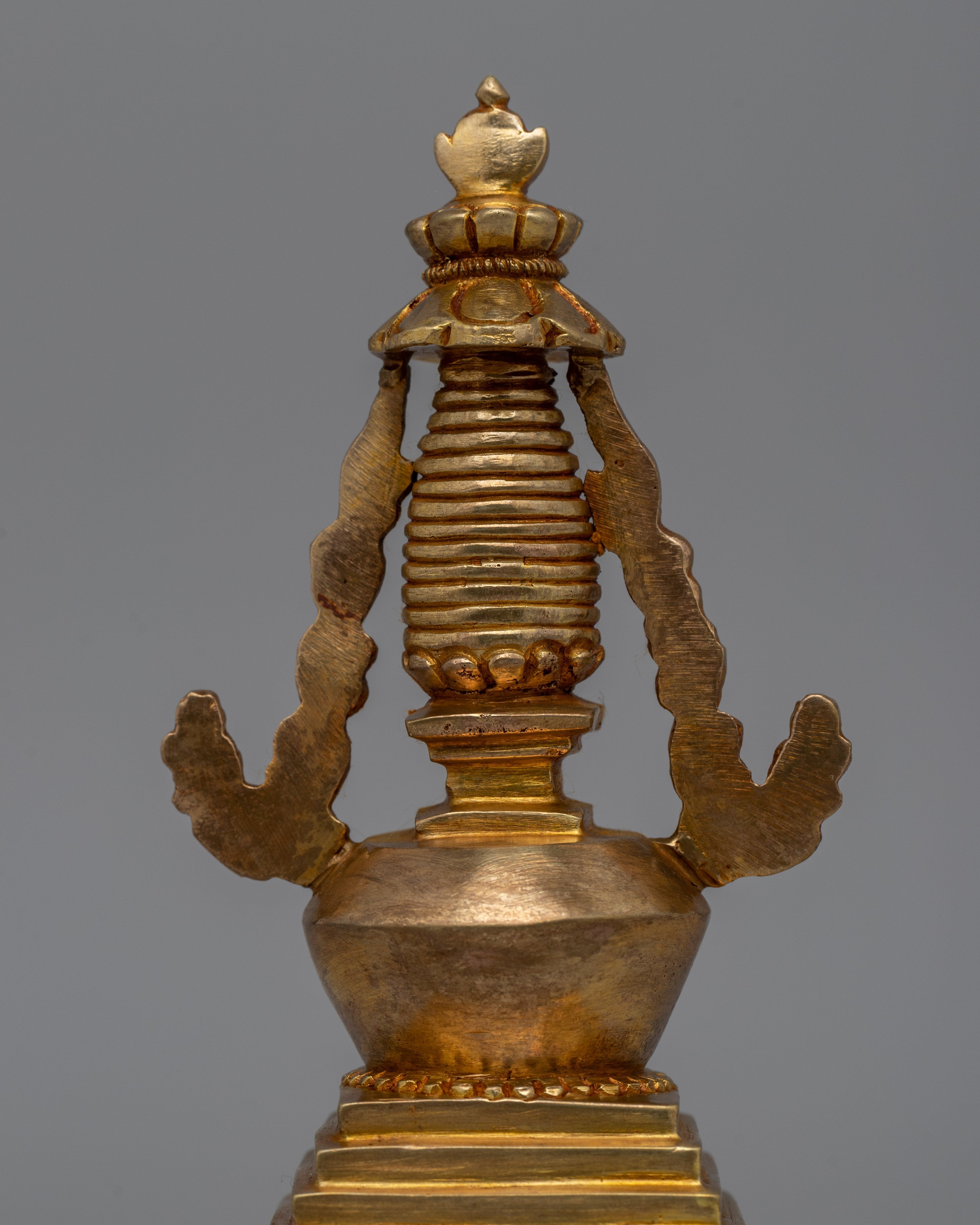 Religious Décor Gold-Plated Stupa | Sacred Altar Piece with Floral Patterns