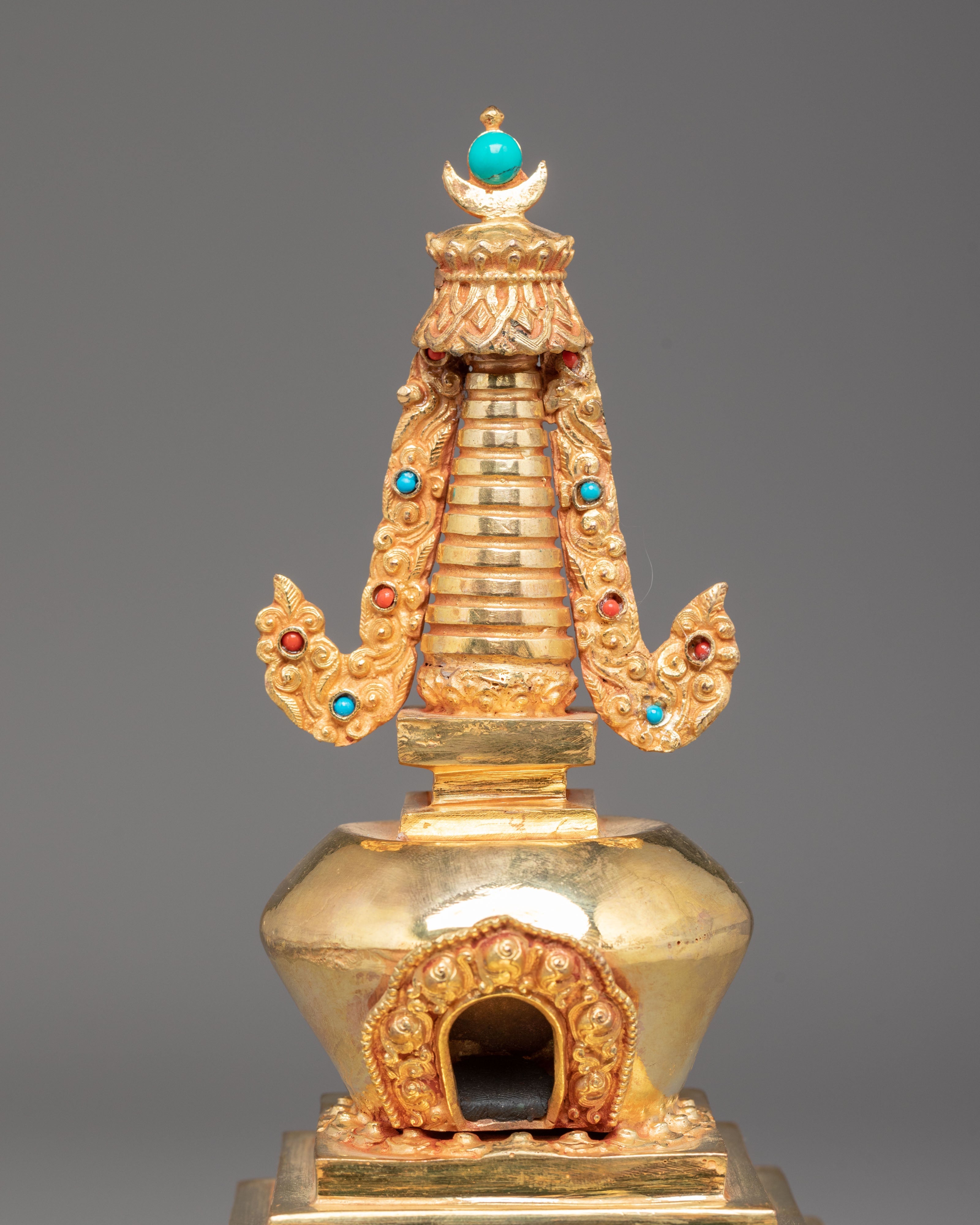 Copper Gold Plated Tibetan Stupa | Sacred Buddhist Shrine Decor