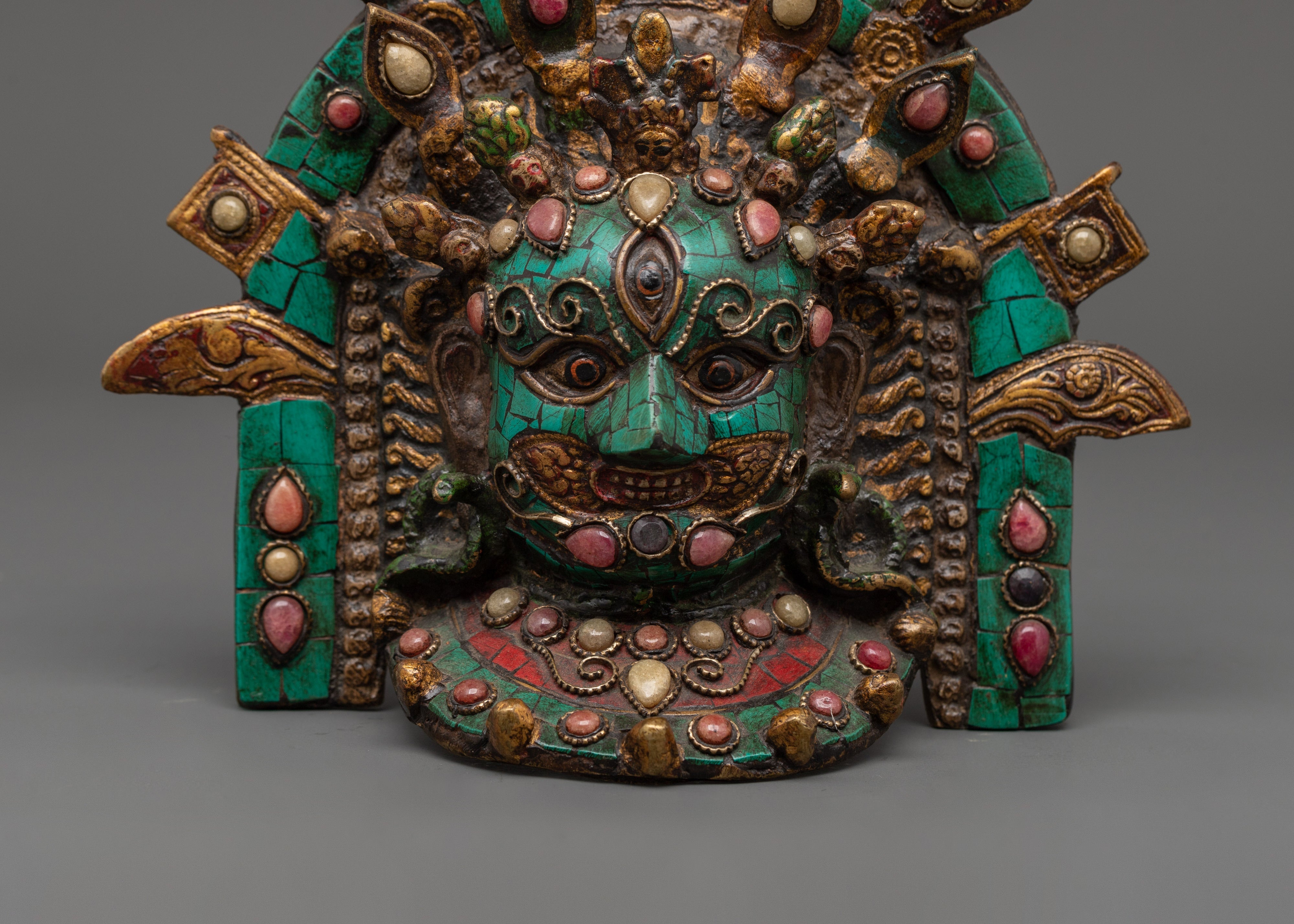 Turquoise Coral Wall Hanging Mask | Brass Decor for Sacred Spaces