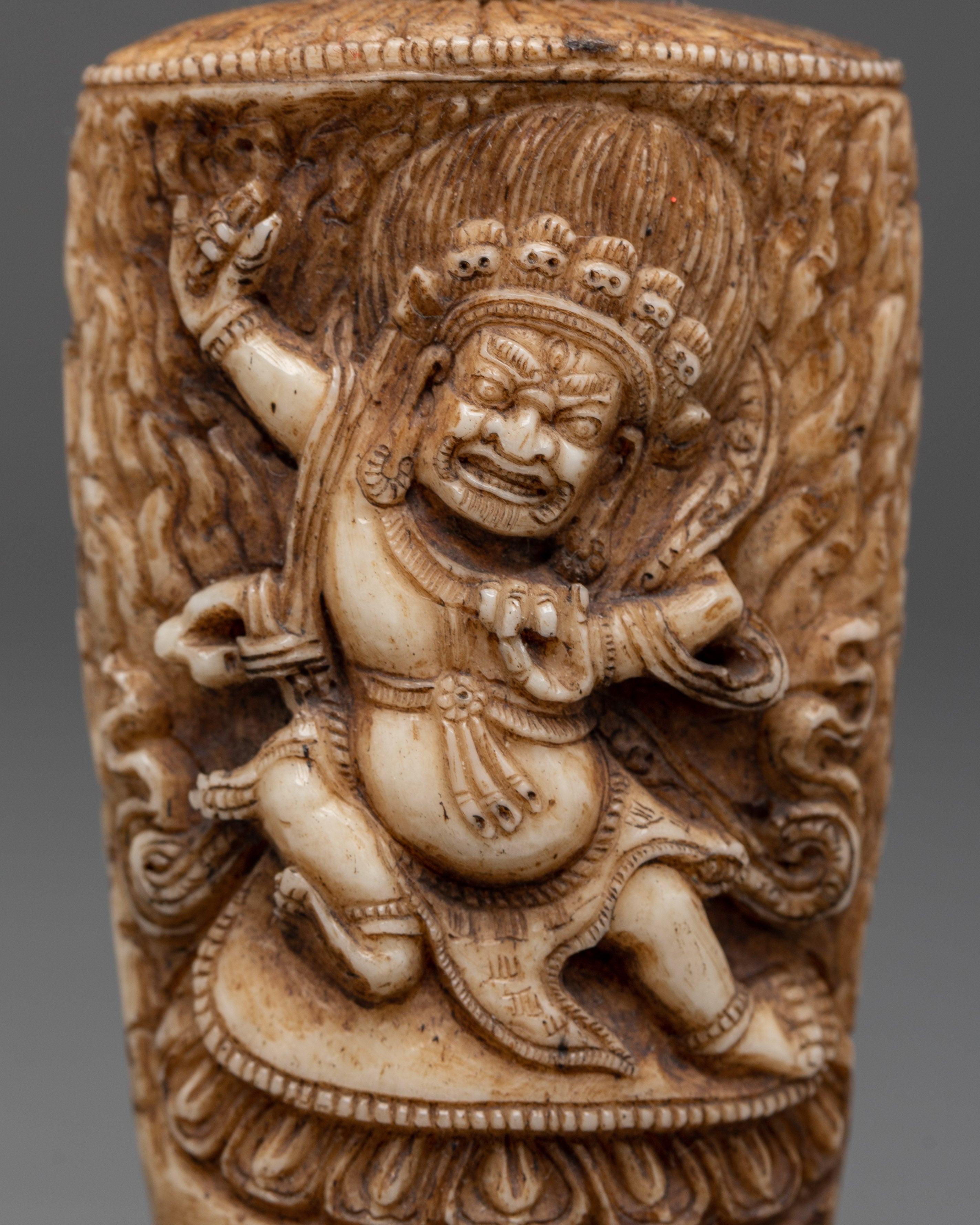 Hand-Carved Tibetan Guardian Deity Snuff Pot | Tibetan Buddhist Ritual Object