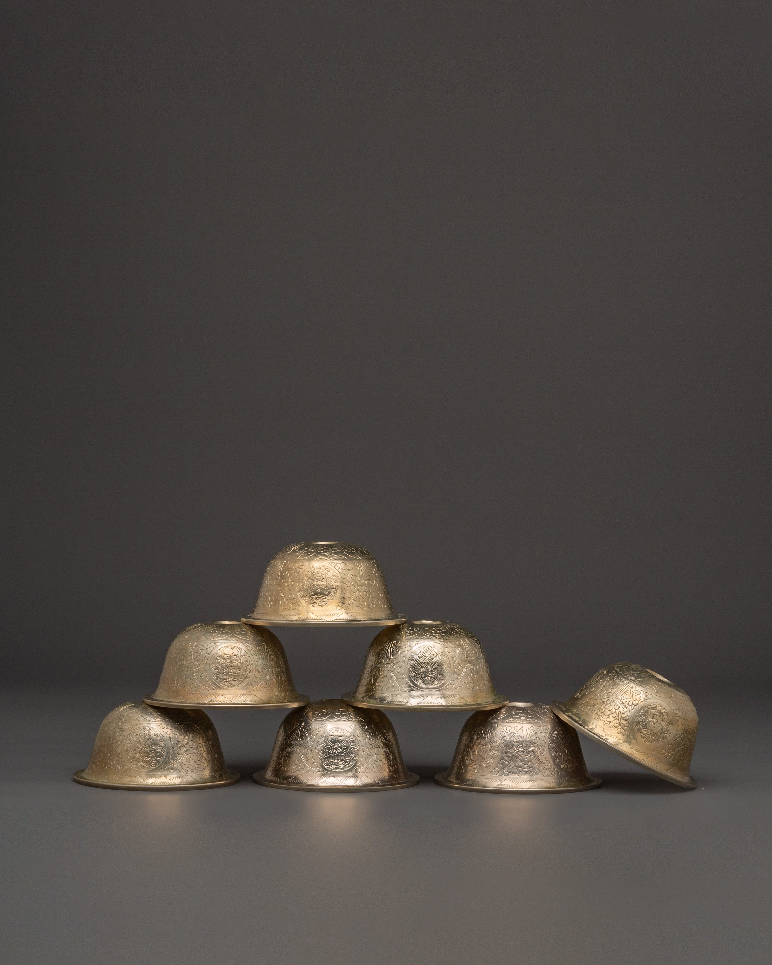 White Metal Offering Bowl Set | Tibetan Ritual Water Bowls