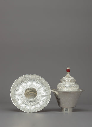 Traditional Silver Tea Cup with Red Stone on Top | Tibetan Buddhism Decor