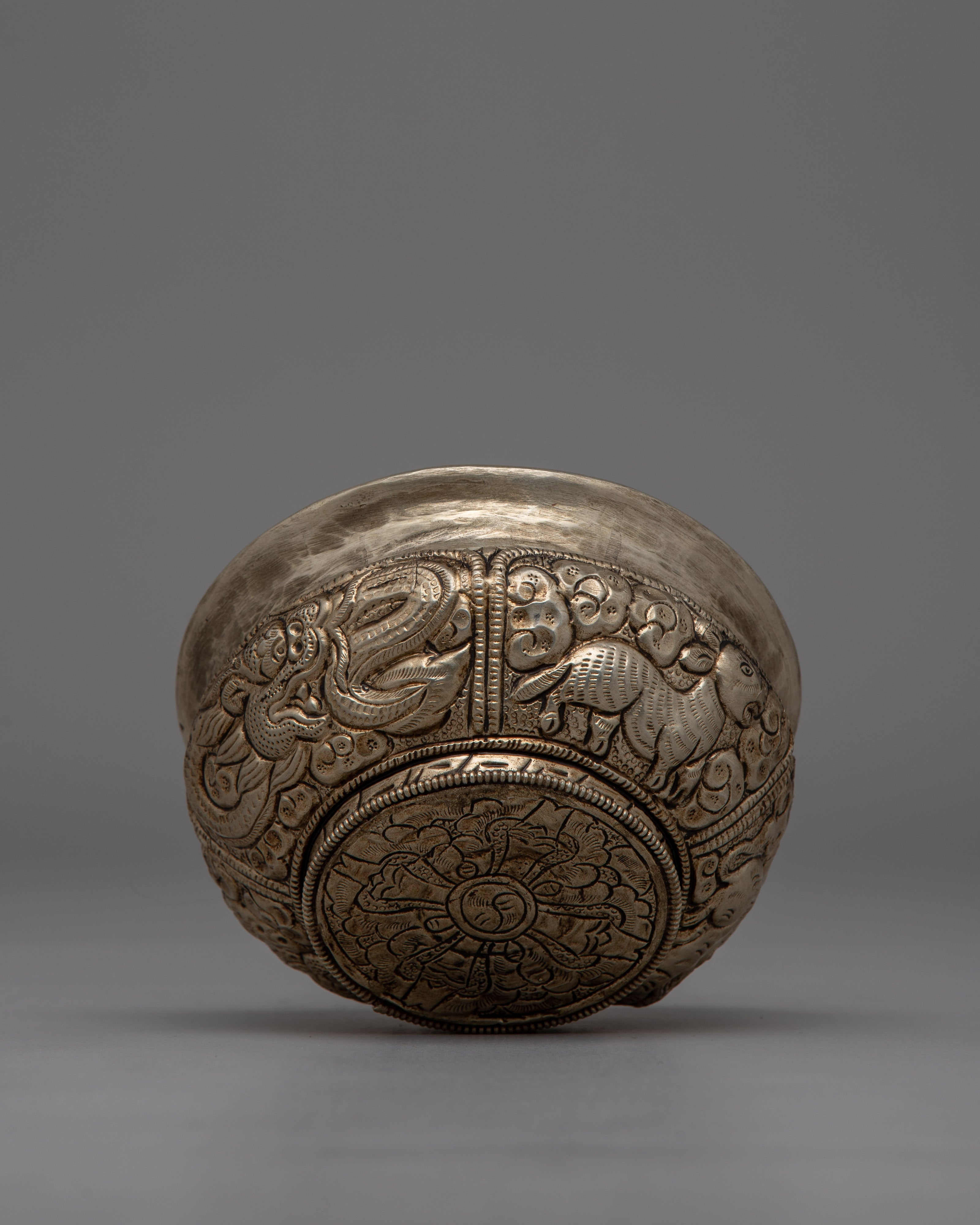 Traditional White Metal Buddhist Offering Bowl | Ideal for Altars and Meditation Spaces