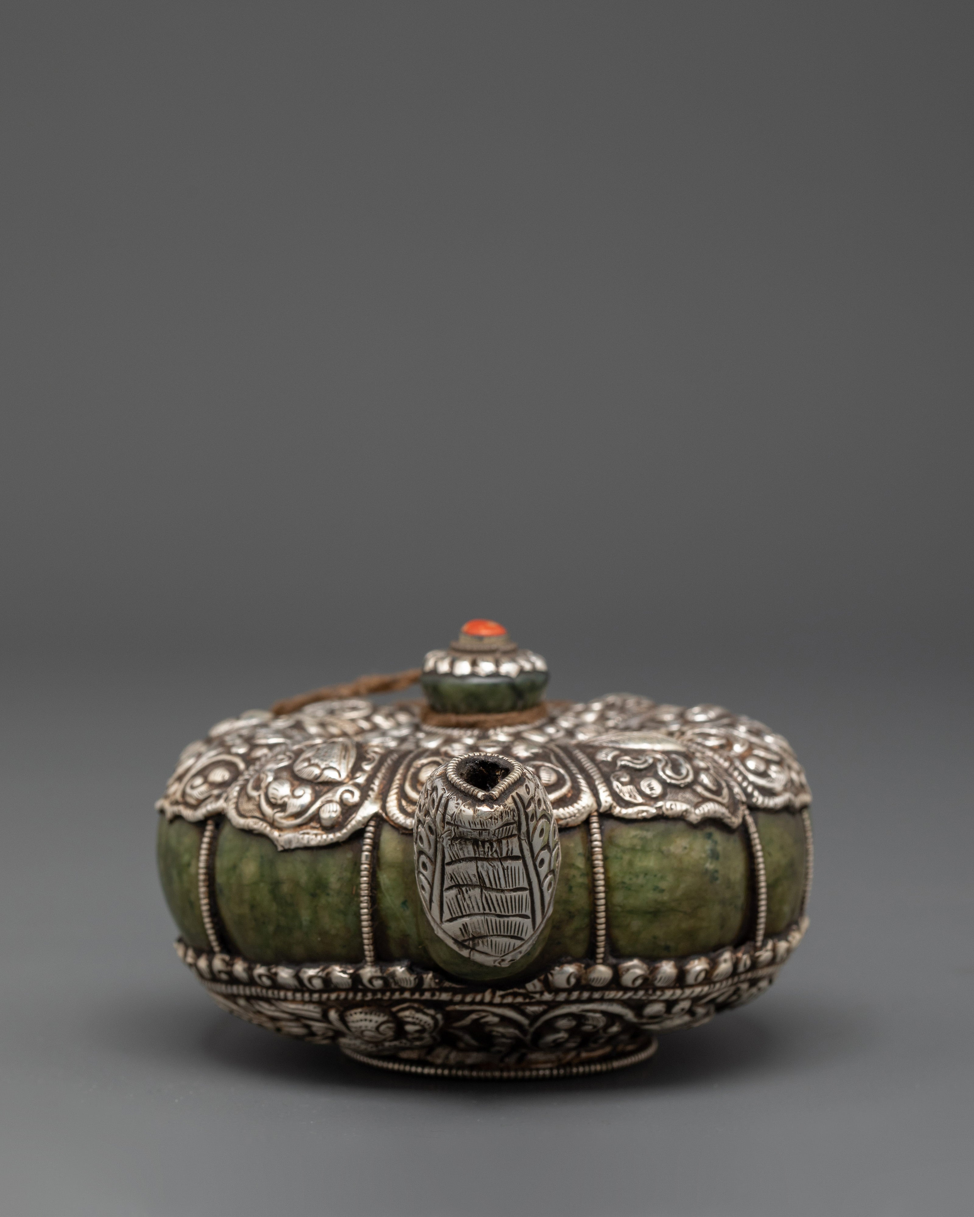 Handcrafted Tibetan Teapot & Offering Bowl Set | Green Jade & Silver Tea Set