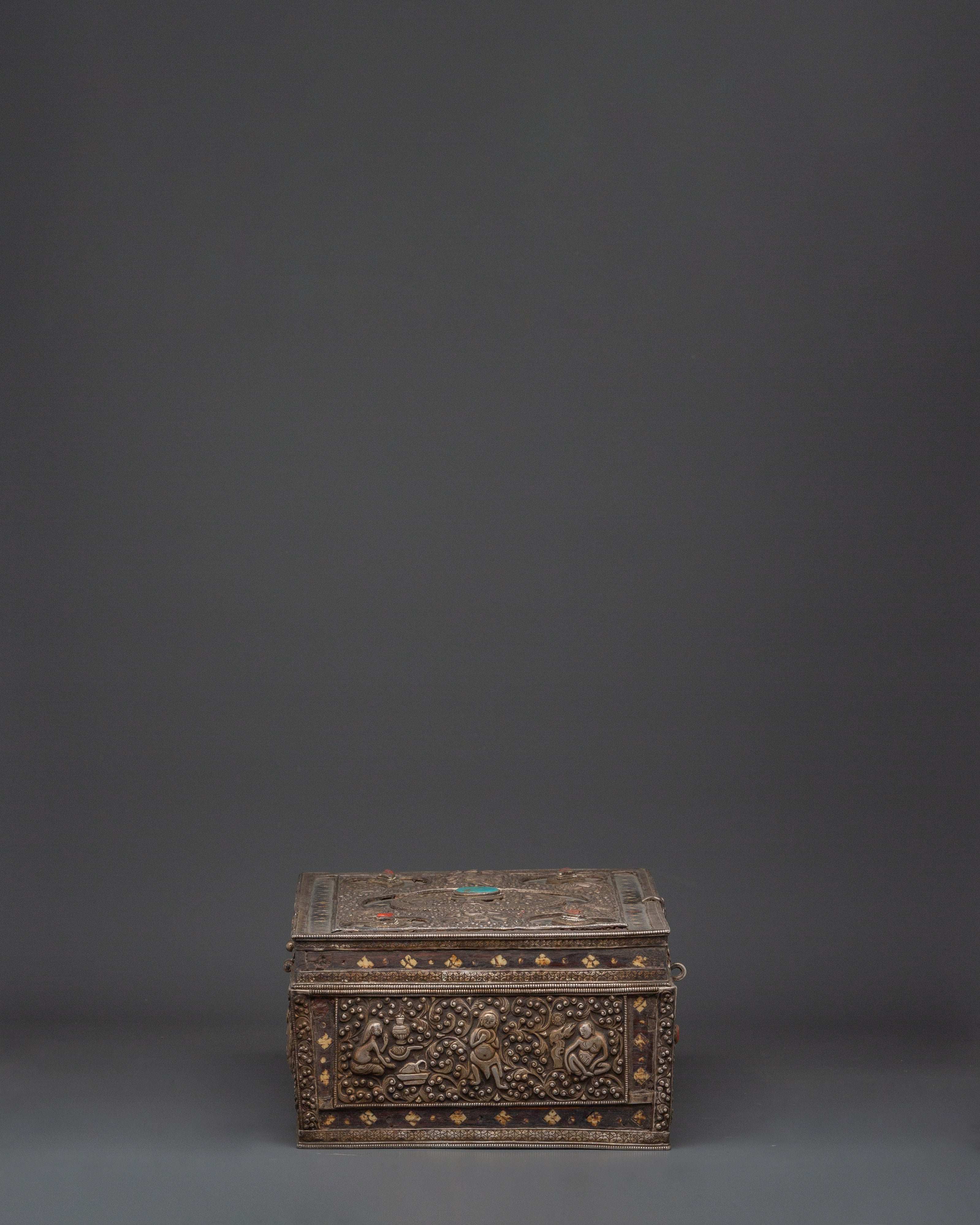 Pure Silver Treasure Box with Coral & Turquoise | Decorative Storage Box