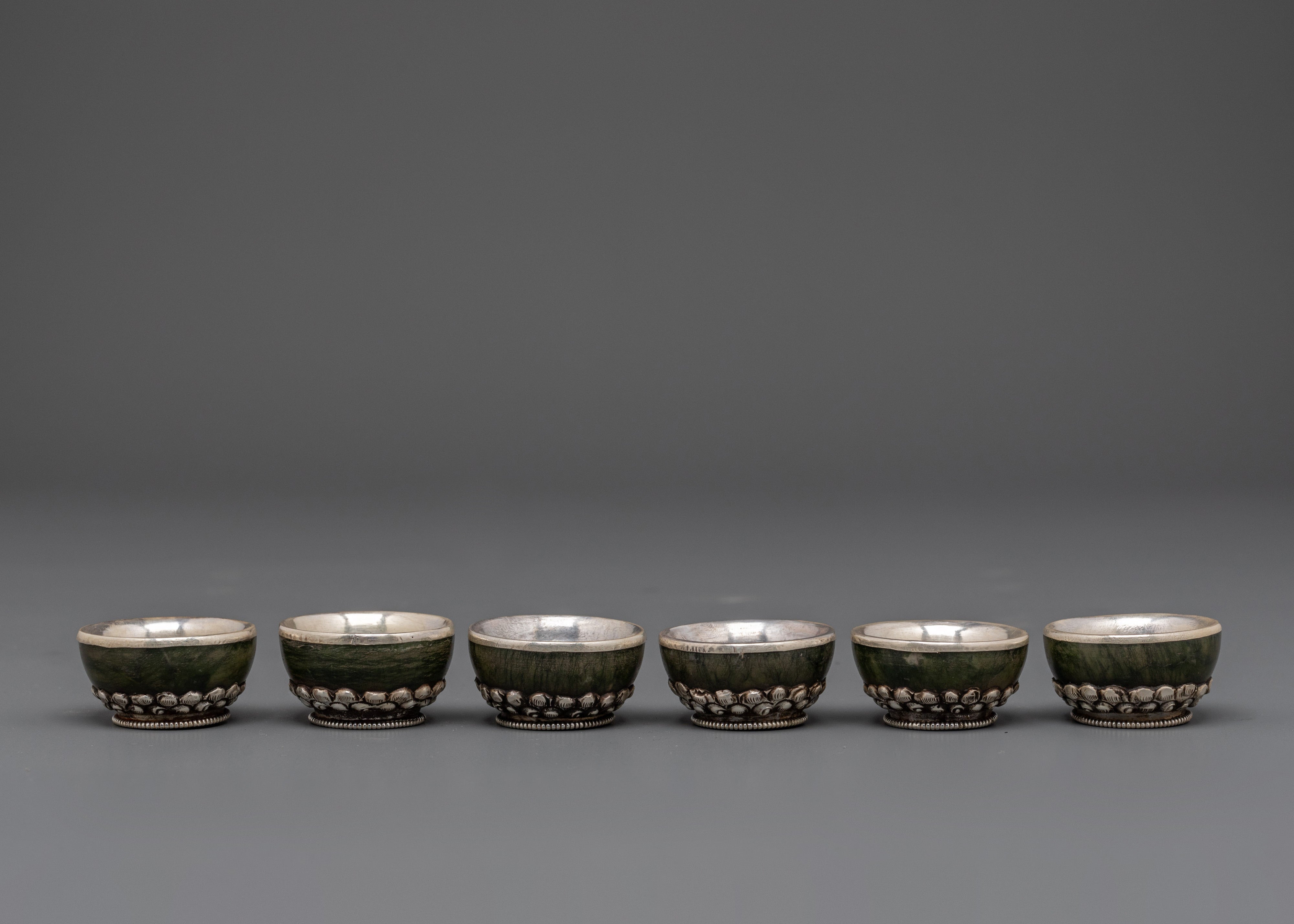 Handcrafted Tibetan Teapot & Offering Bowl Set | Green Jade & Silver Tea Set