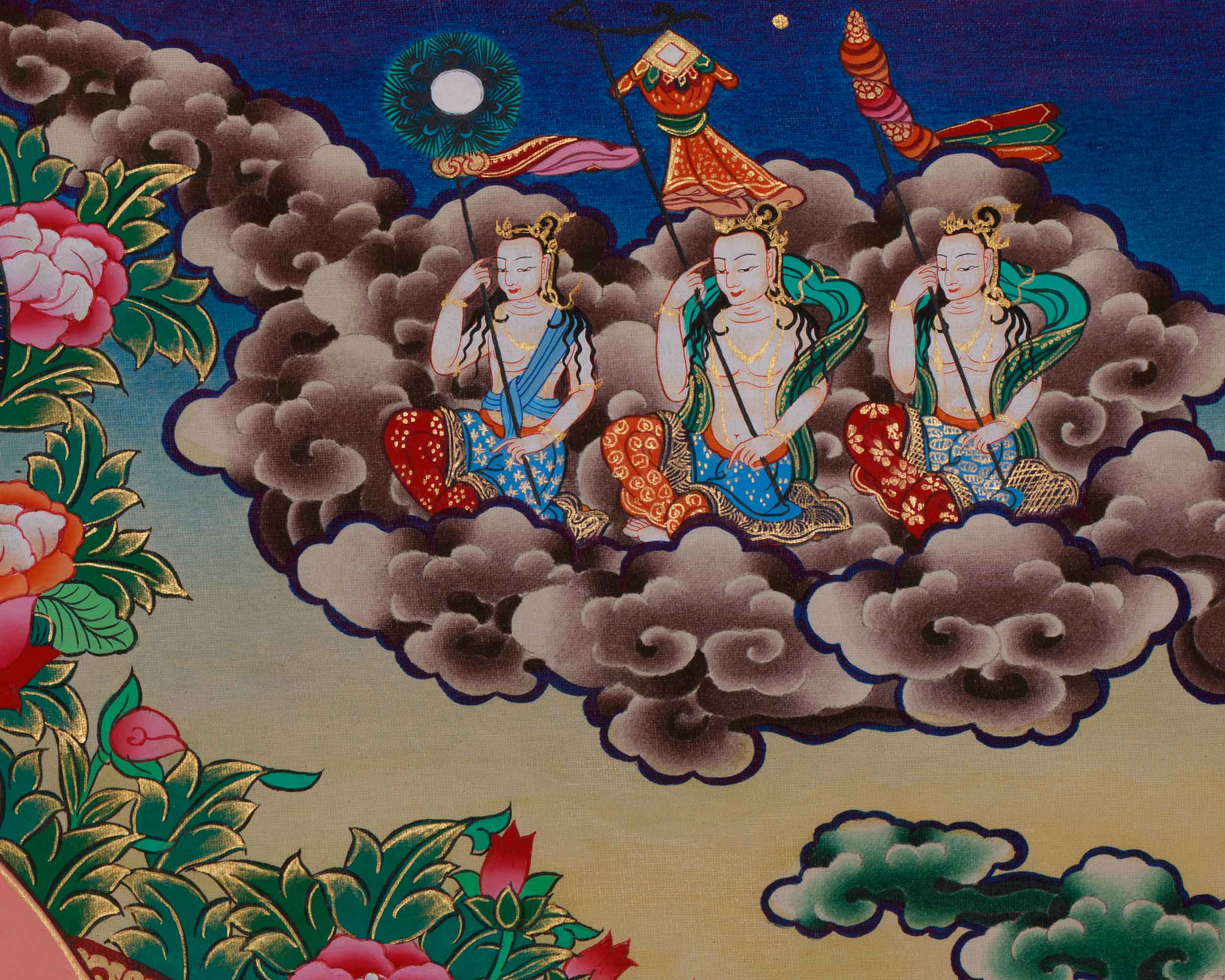 Divine Thangka of Green Tara with Amitabha Buddha, Chenrezig, and Vajrapani | Spiritual Art