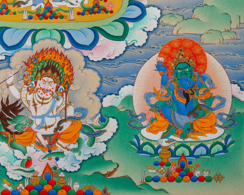 Thangka Print of White Mahakala with Five Jambala: Assembly of Wealth Deities