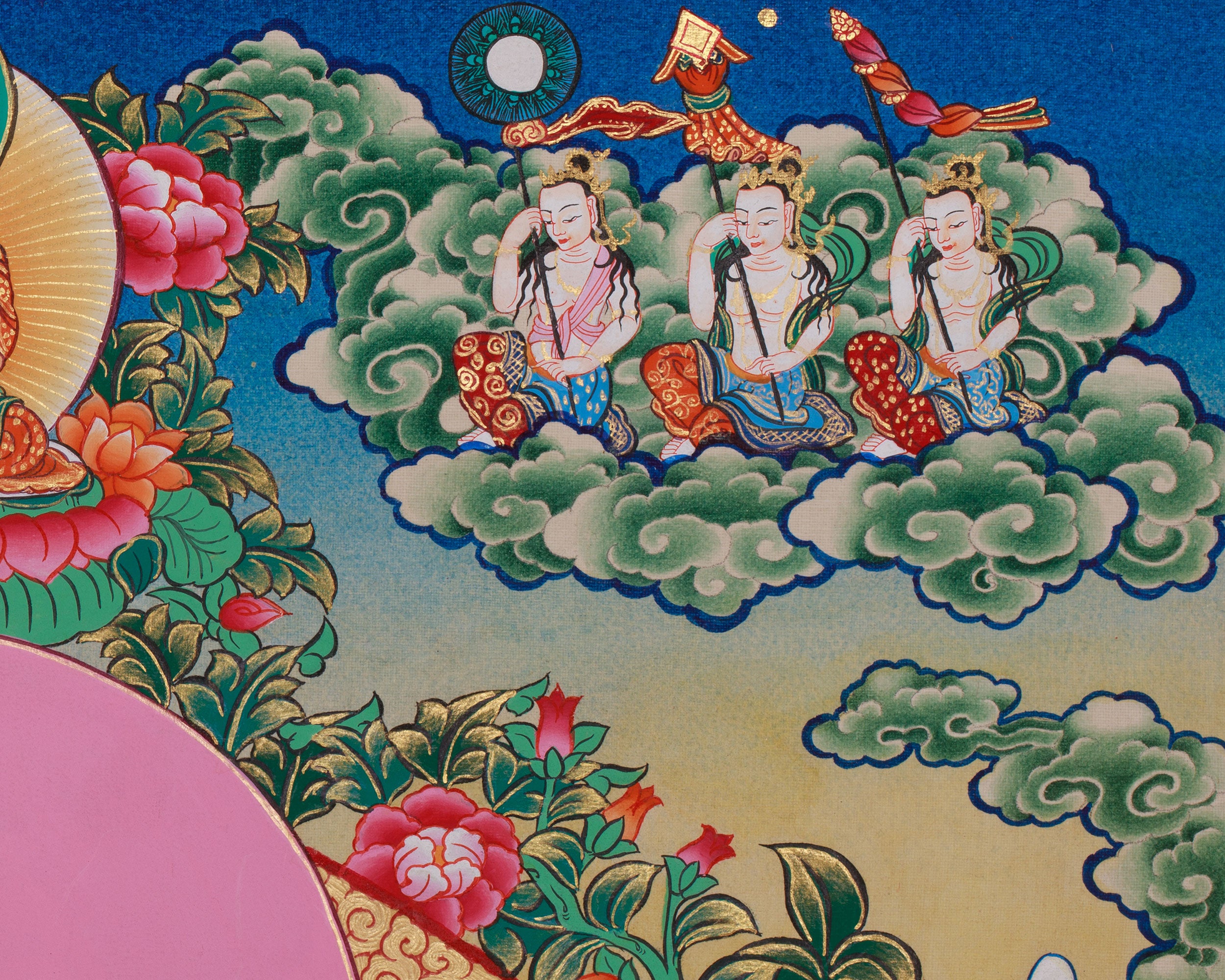 Chenrezig with Amitabha, Manjushri, and Vajrapani Thangka | Sacred Tibetan Art