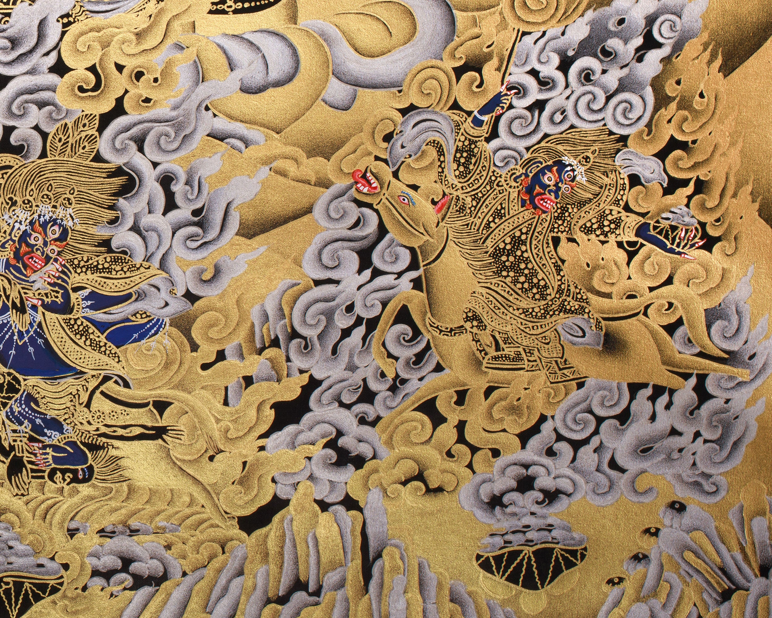Wrathful Mahakala with Dharma Protectors | Divine Guardian Thangka | Gold and Silver on Black Canvas
