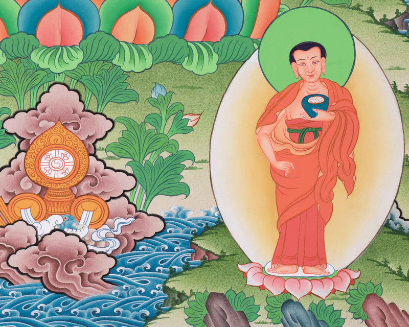 Buddha Shakyamuni Thangka | Featuring Two Disciples and Mantra | Tibetan Buddhist Arts