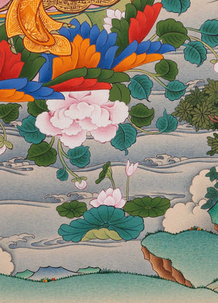 Guru Rinpoche with Chenrezig and Amitabha Buddha Thangka