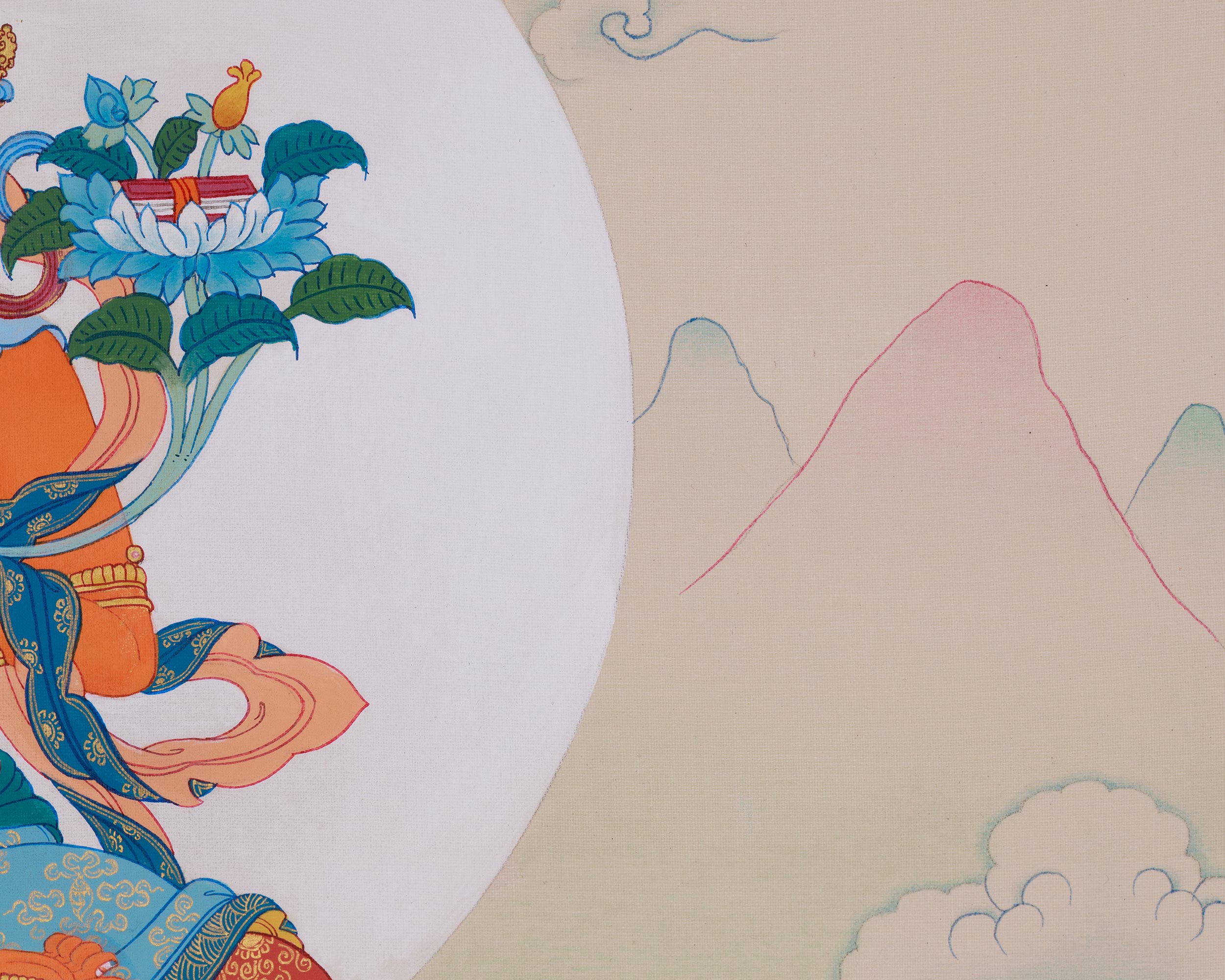 Manjushri with Chenrezig and Vajrapani Thangka | The Divine Triad of Wisdom, Compassion, and Protection