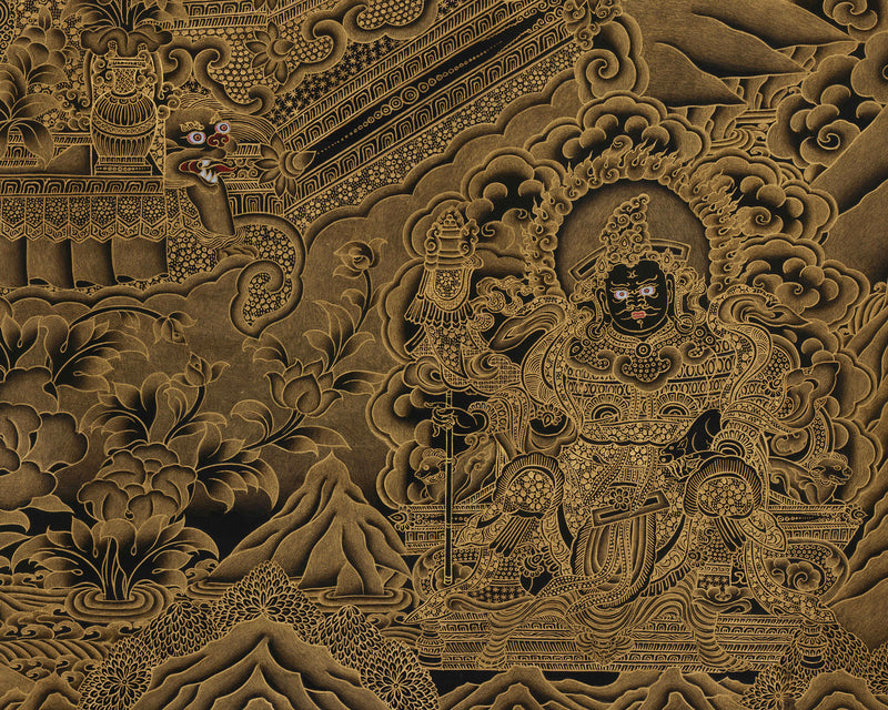 A Rare Collectable Artwork of Medicine Buddha | Four Heavenly Kings | 24K Gold Embellishments on Black Canvas