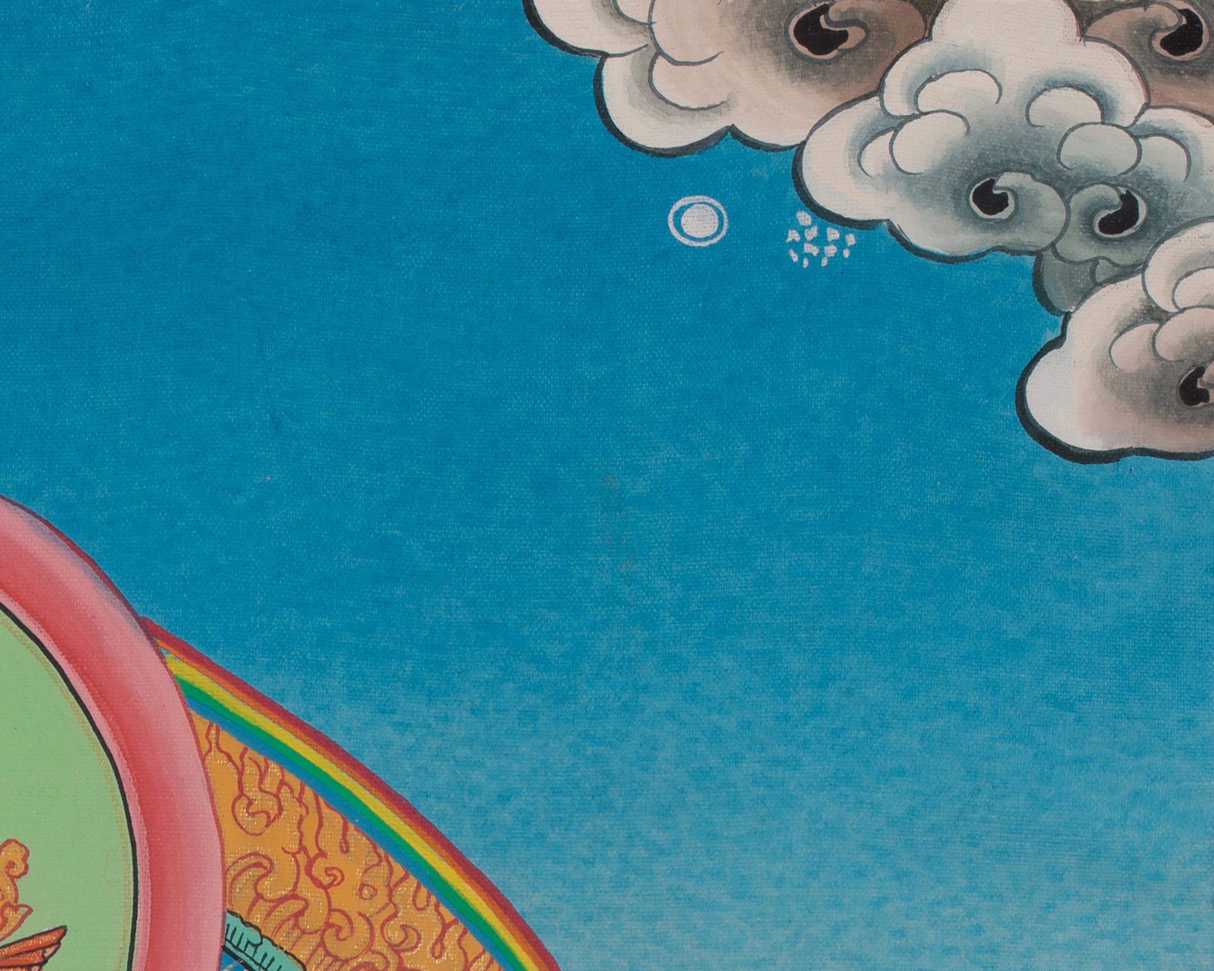 Future Buddha Maitreya Thangka | Sacred Art with Blue and Red Silk Brocade