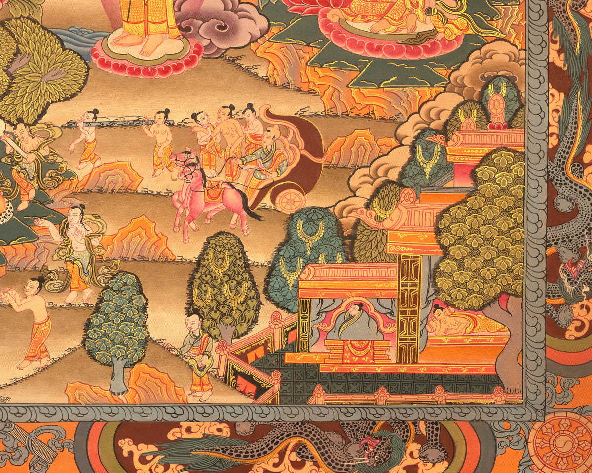 Miraculous Life Events Siddhartha Gautama Buddha | Hand Painted Thangka Art
