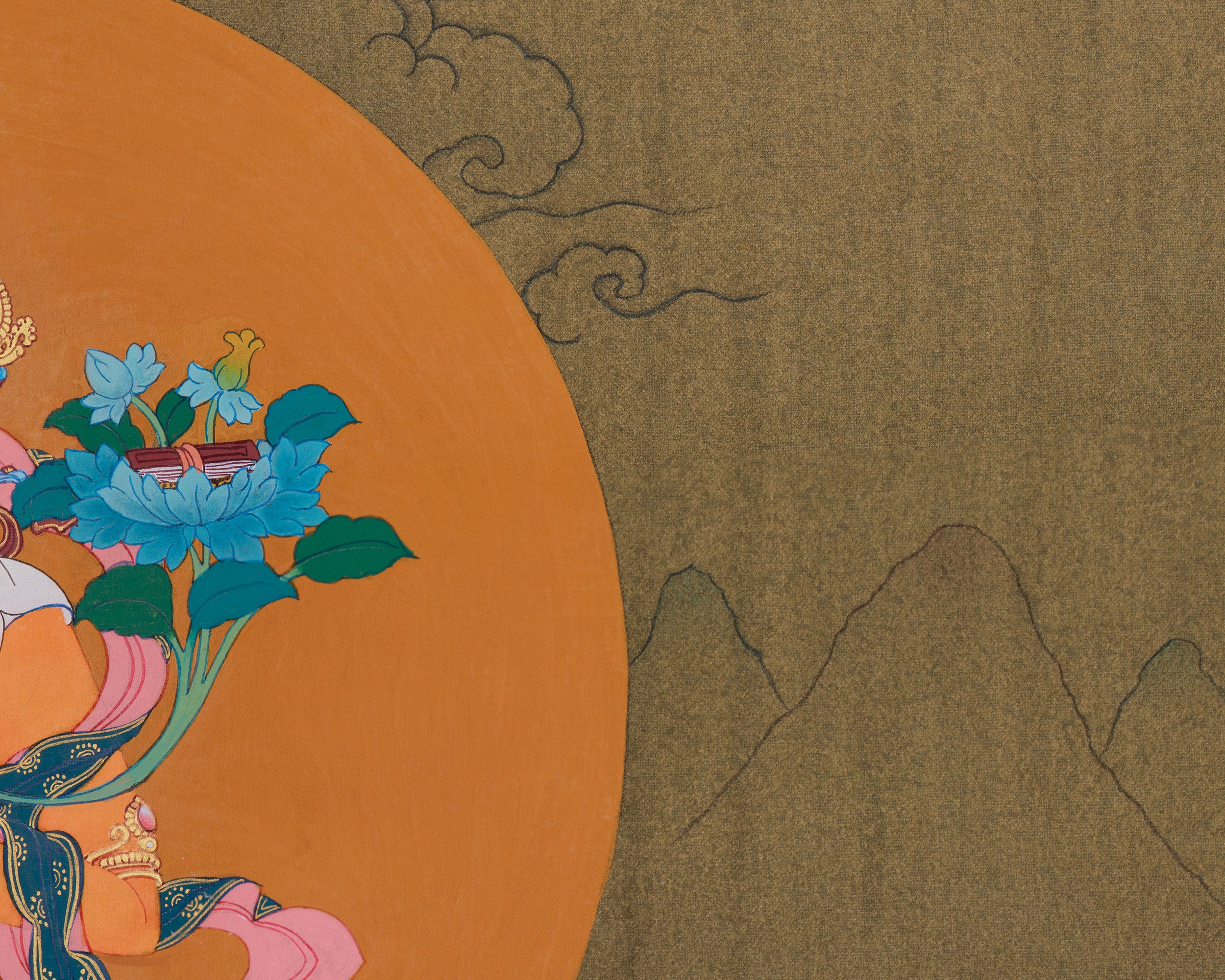 Tibetan Buddhist Manjushri with Chenrezig and Vajrapani | Thangka of Three Bodhisattvas