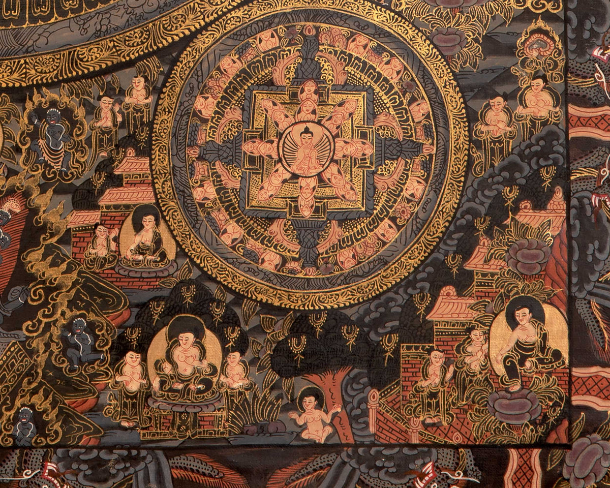Dark Pancha Mandala With Brocade | Wall Decoration Painting
