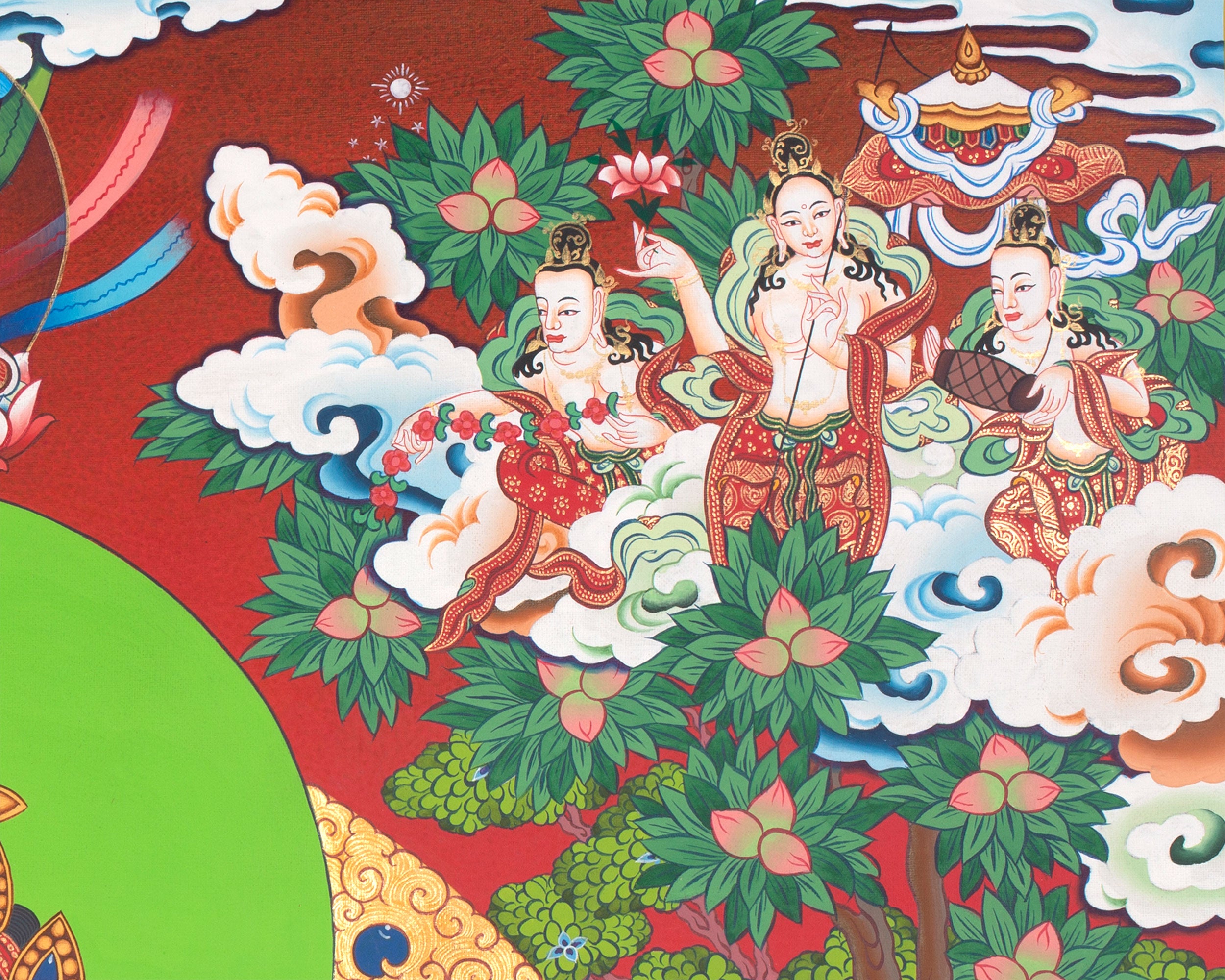 Sacred Manjushri Tibetan Thangka | Wisdom Deity on Vibrant Red Canvas